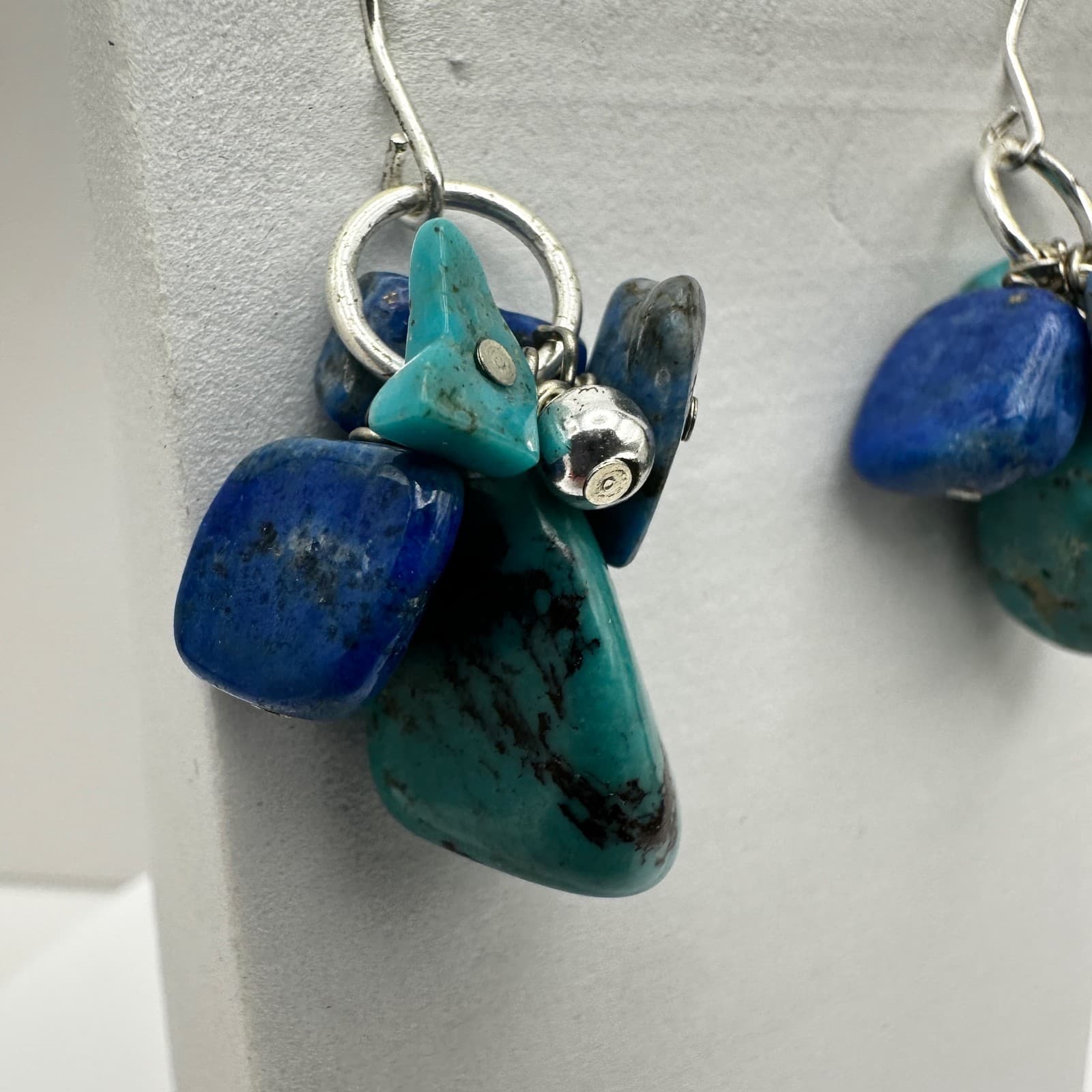Vintage 90s Turquoise Lapis Lazuli Cluster Earrings Silver Hook Women's Jewelry - Thumbnail 3