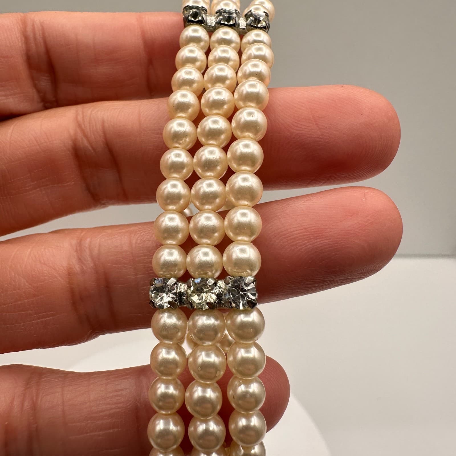 Vintage Y2K Pearl Beaded Bracelet Rhinestone Accent Triple Strand Jewelry - Thumbnail 7