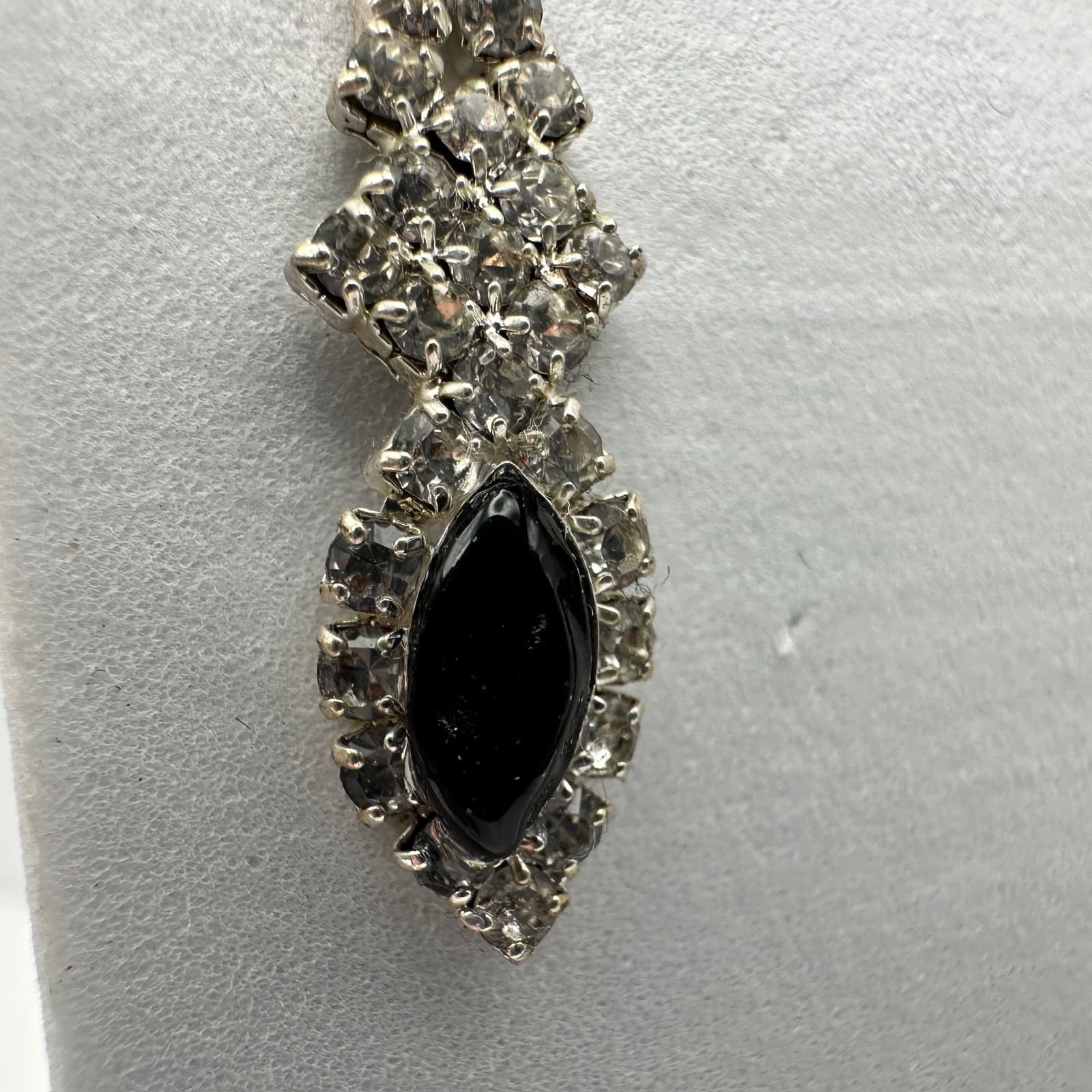 Vintage 80s Silver Tone Jewelry Black Marquise Crystal Rhinestone Drop Earrings - Thumbnail 3