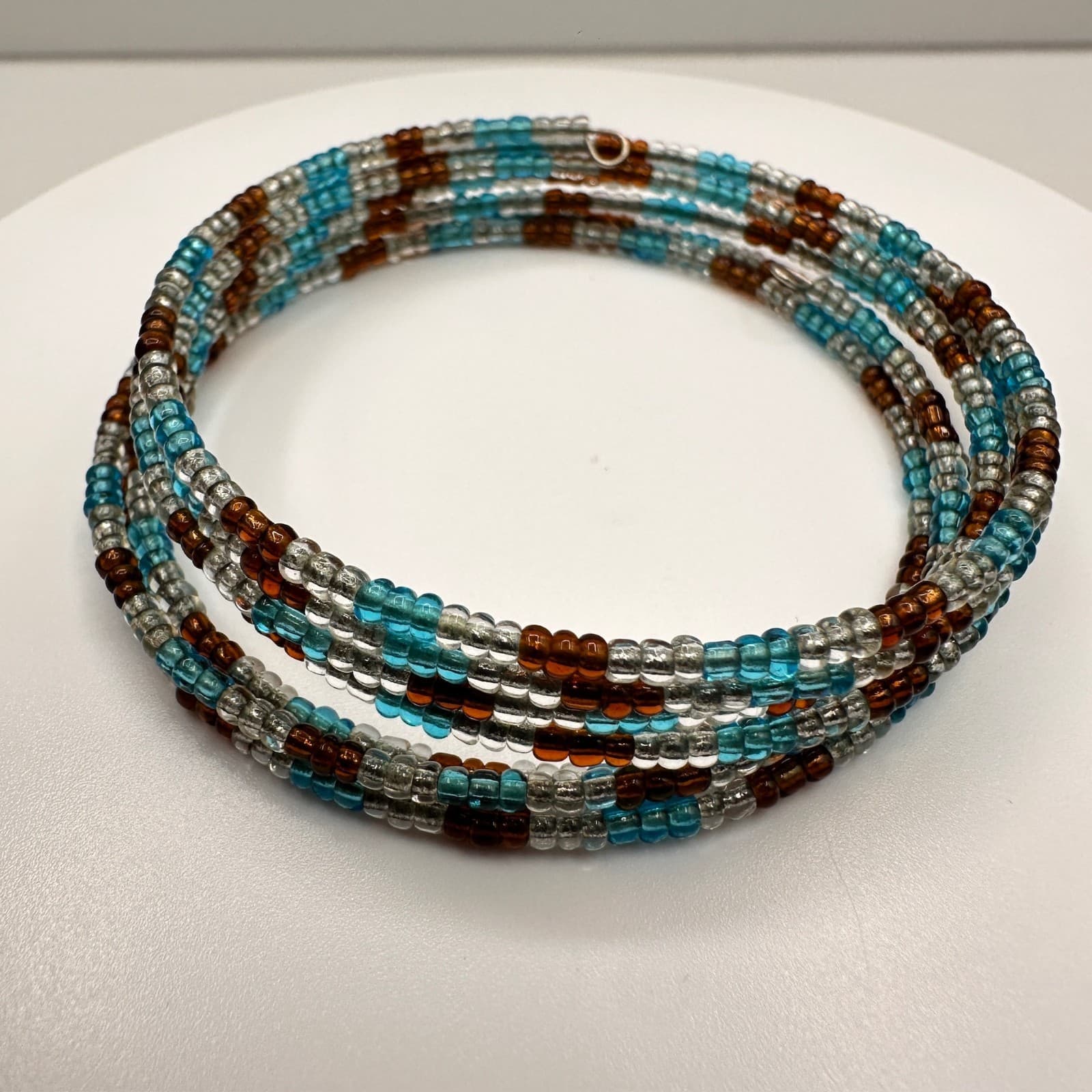 Vintage 90s Multi Strand Glass Bead Bracelet Blue Brown Clear Boho Jewelry - Thumbnail 6