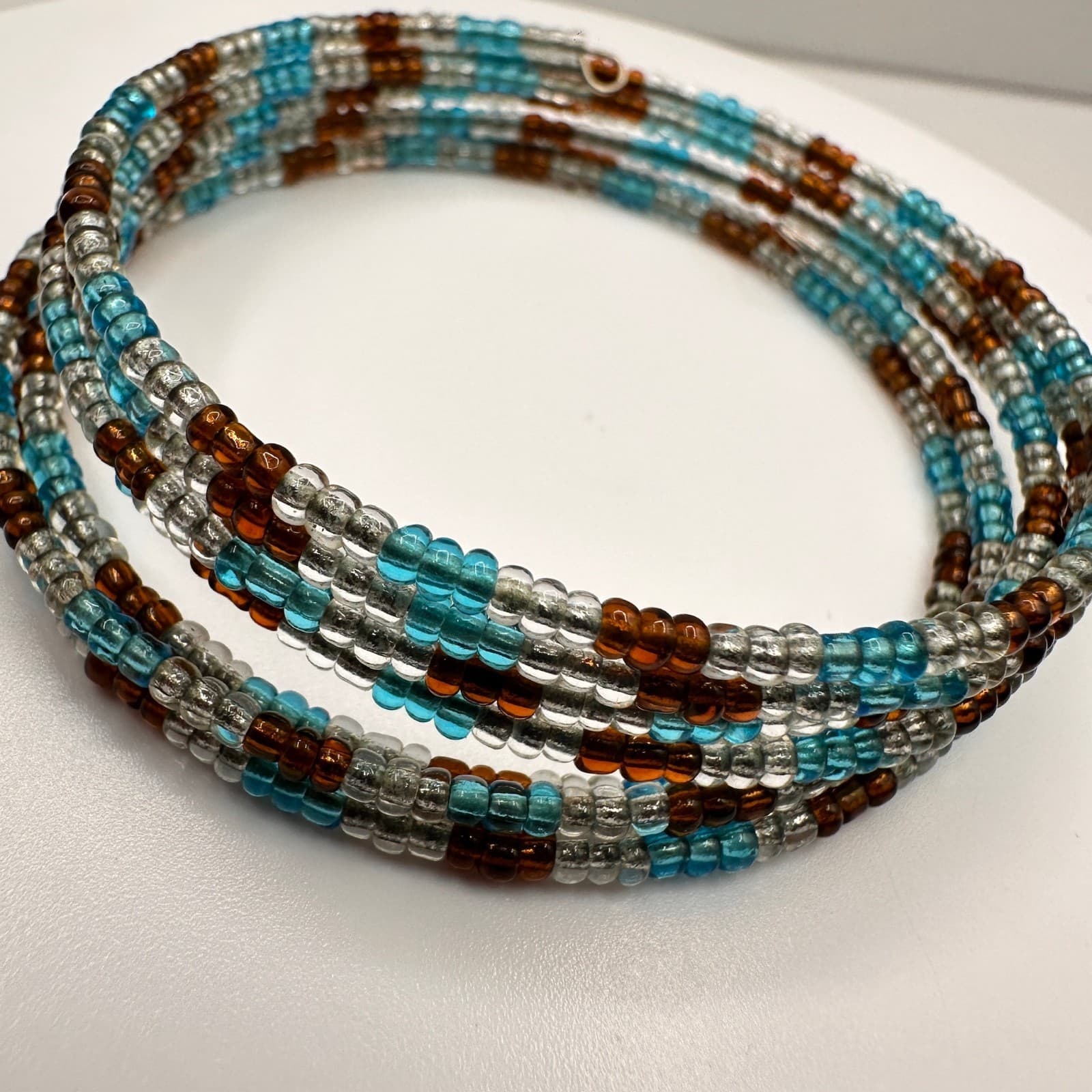Vintage 90s Multi Strand Glass Bead Bracelet Blue Brown Clear Boho Jewelry - Thumbnail 7
