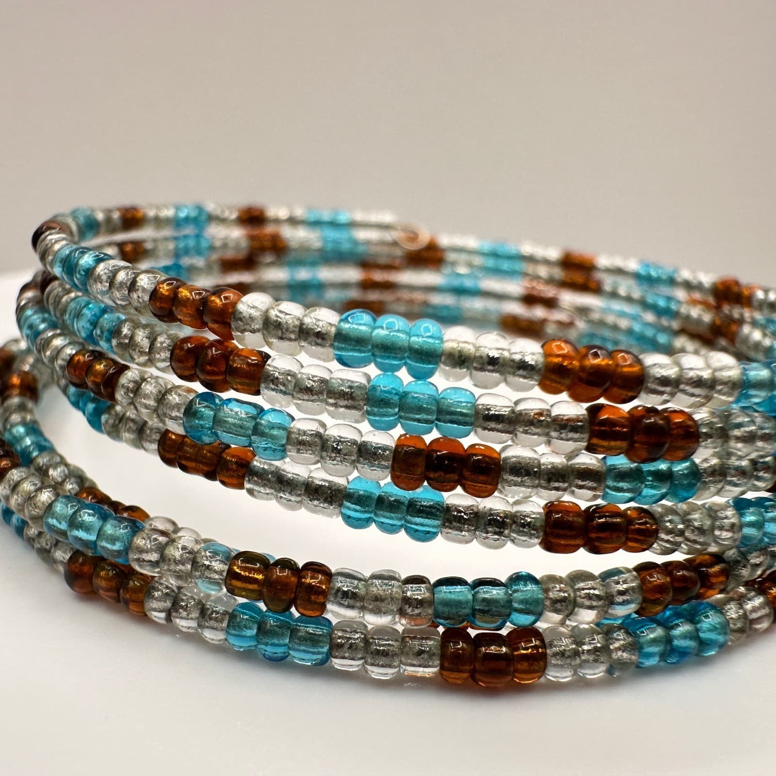 Vintage 90s Multi Strand Glass Bead Bracelet Blue Brown Clear Boho Jewelry - Thumbnail 2