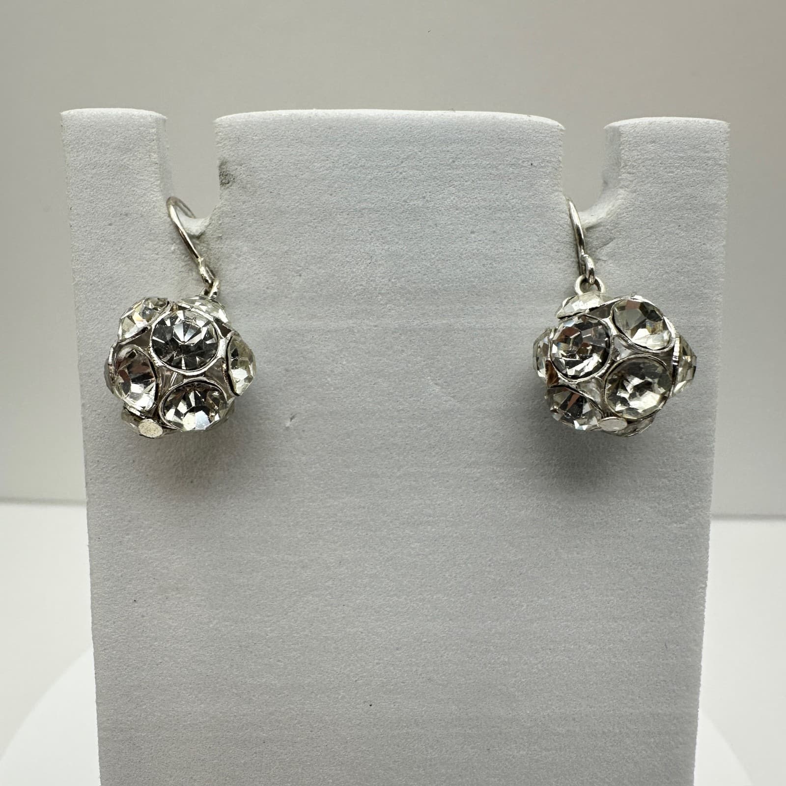 Vintage 90s Crystal Rhinestone Ball Dangle Earrings Silver Tone Hooks Jewelry - Image 1