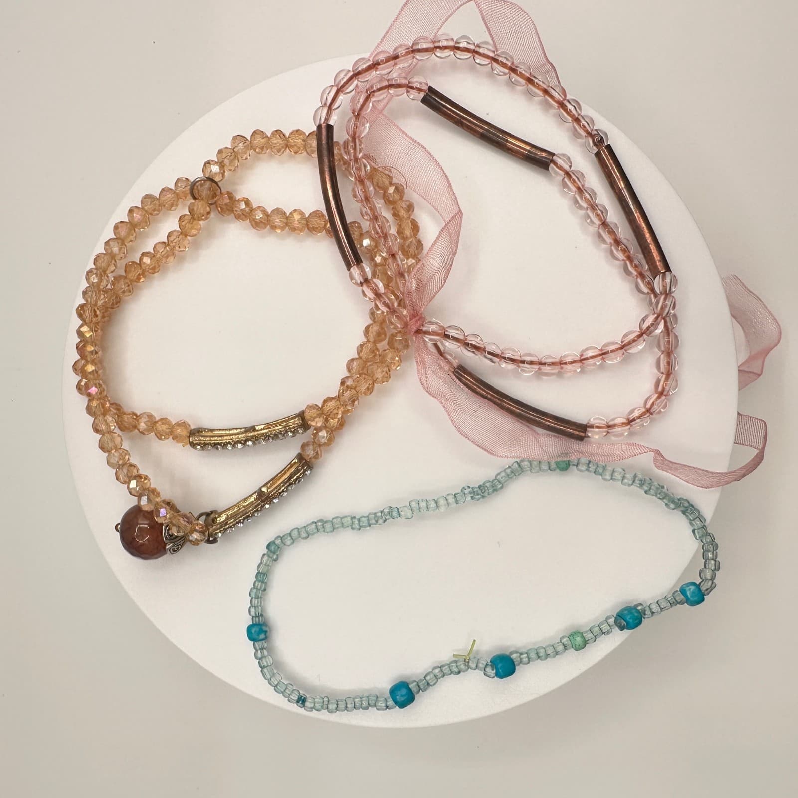 Vintage 90s Beaded Bracelet Set Pink Blue Crystal Beads Gold Tone Accents - Thumbnail 10