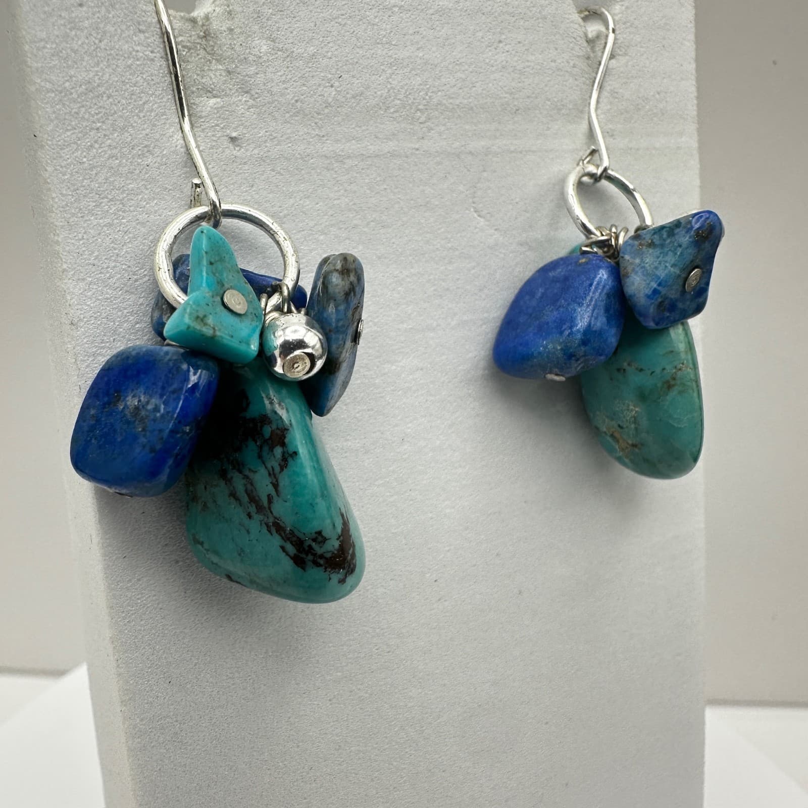 Vintage 90s Turquoise Lapis Lazuli Cluster Earrings Silver Hook Women's Jewelry - Thumbnail 2