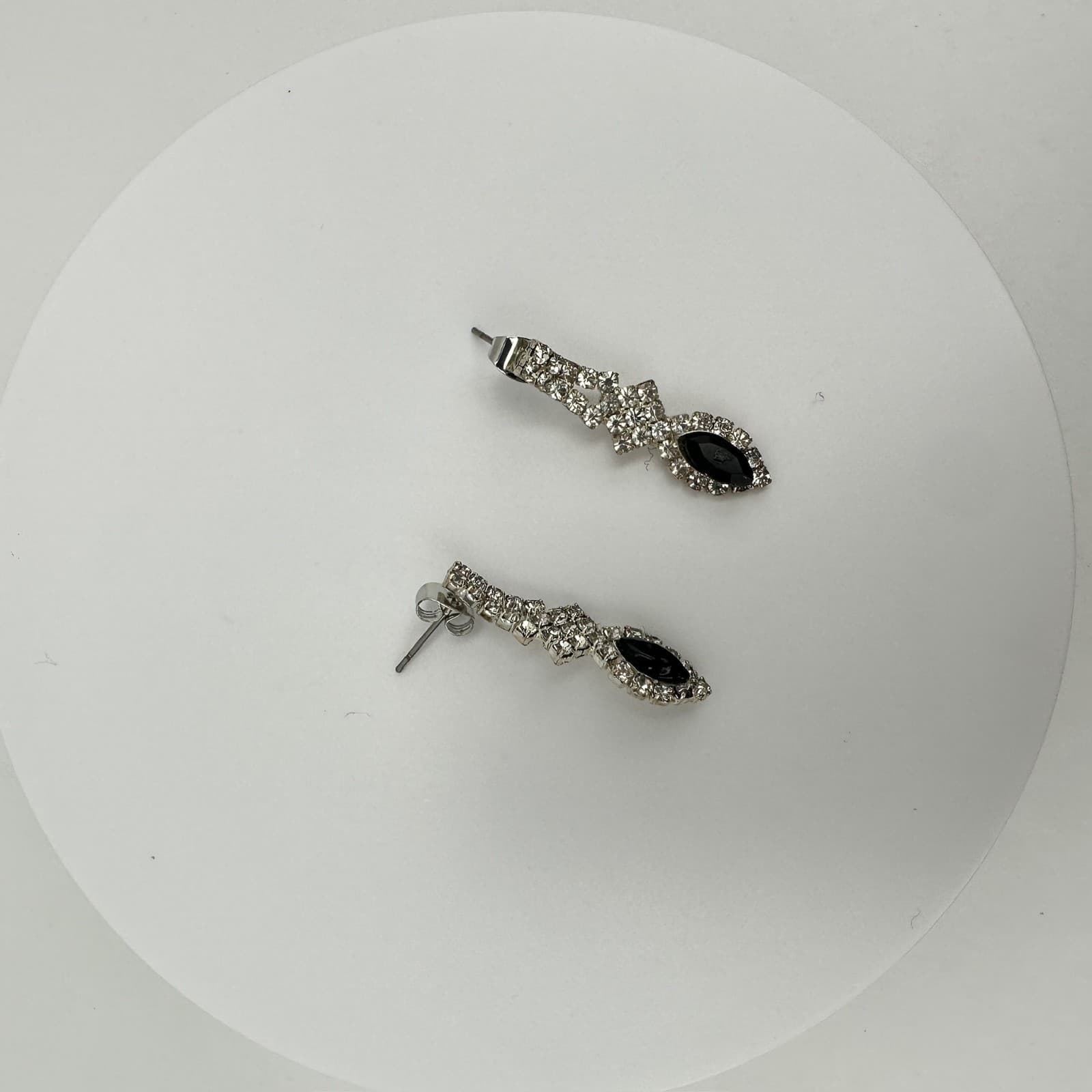 Vintage 80s Silver Tone Jewelry Black Marquise Crystal Rhinestone Drop Earrings - Thumbnail 6