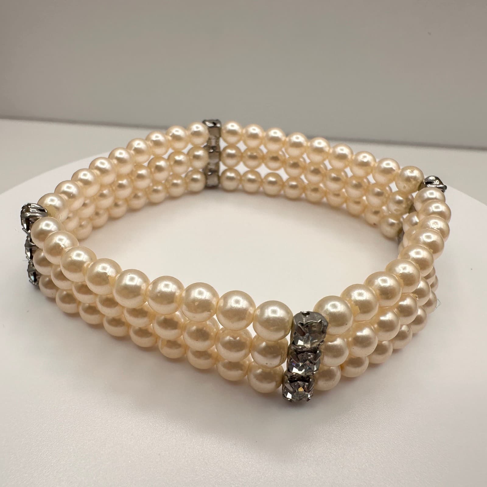 Vintage Y2K Pearl Beaded Bracelet Rhinestone Accent Triple Strand Jewelry - Thumbnail 4