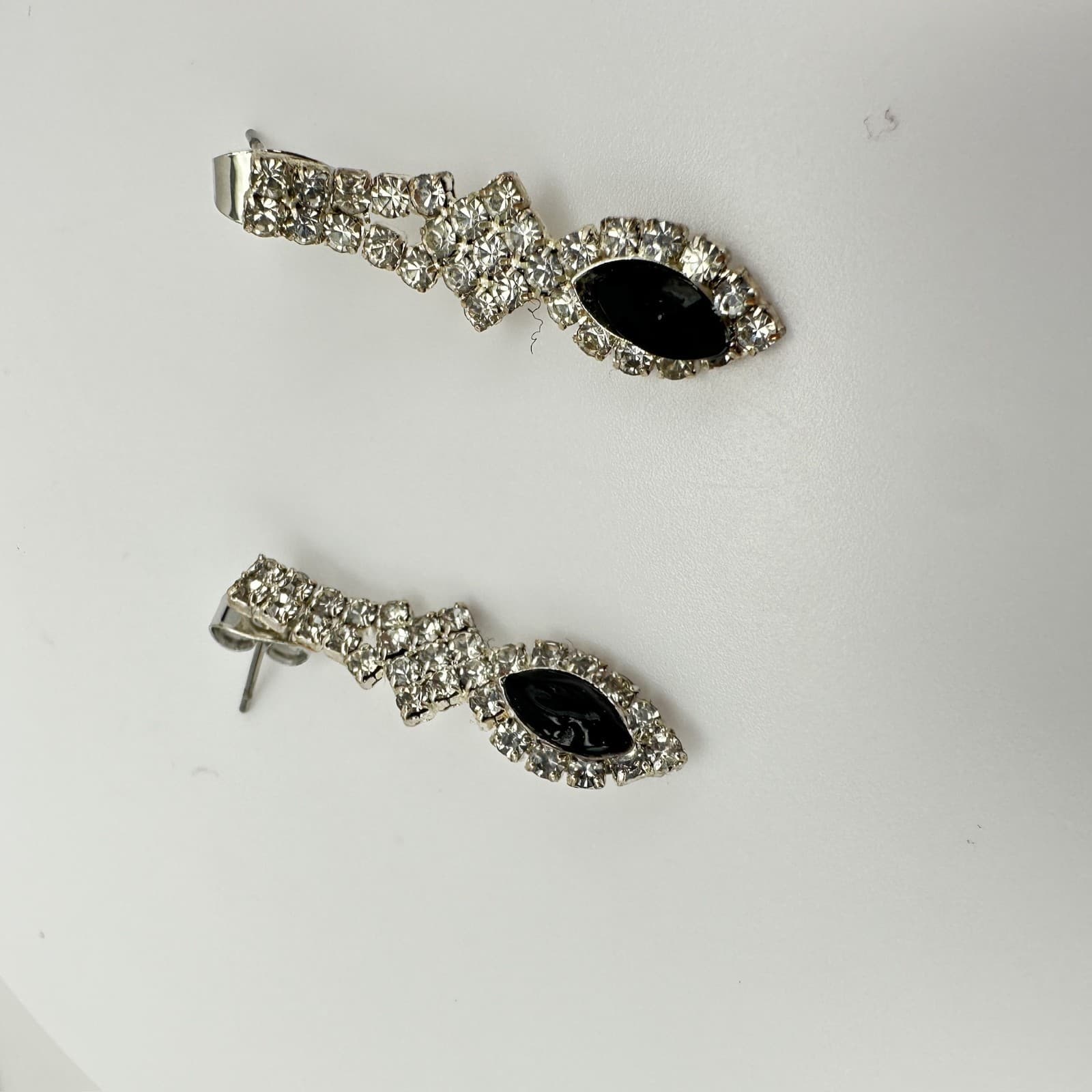 Vintage 80s Silver Tone Jewelry Black Marquise Crystal Rhinestone Drop Earrings - Thumbnail 7