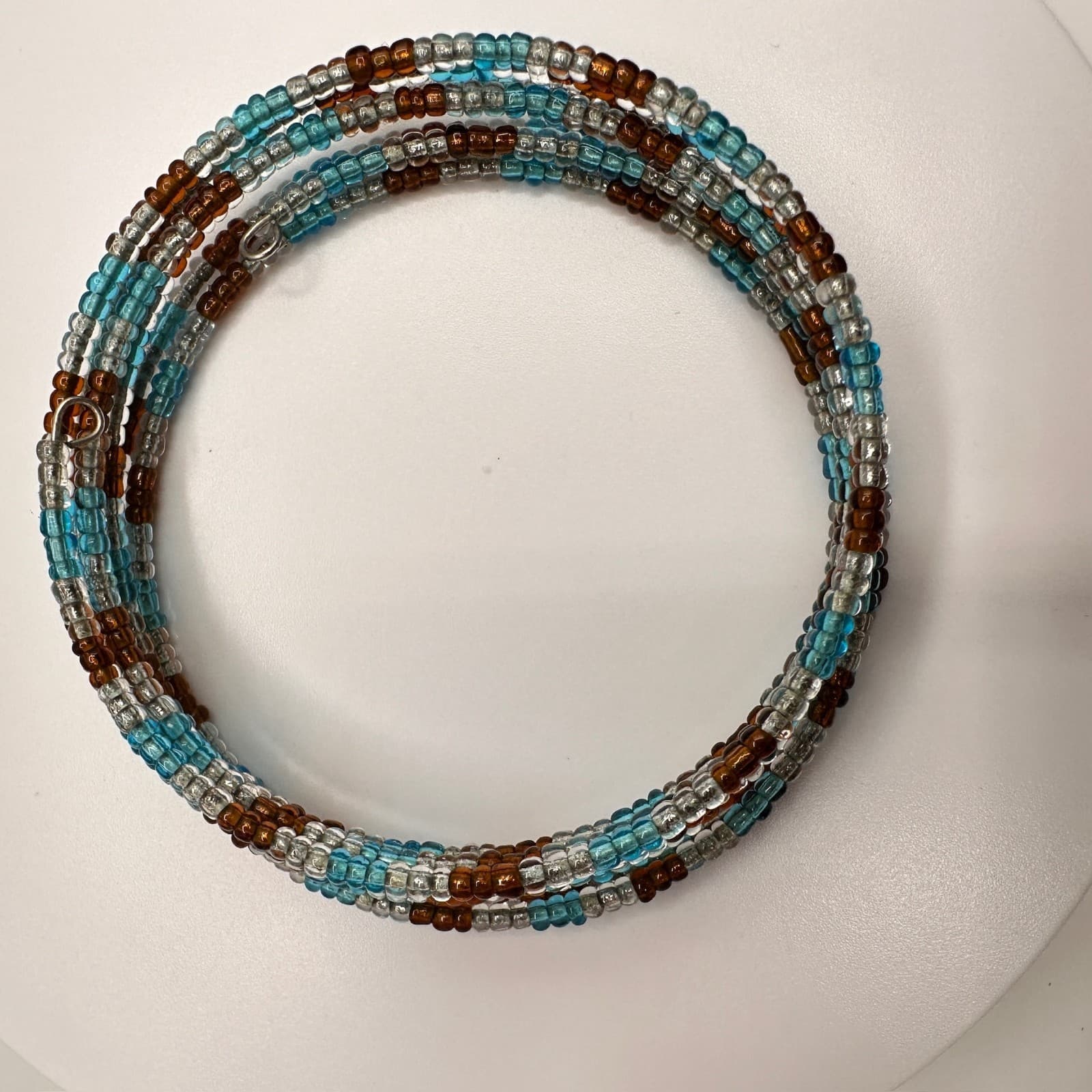 Vintage 90s Multi Strand Glass Bead Bracelet Blue Brown Clear Boho Jewelry - Thumbnail 5