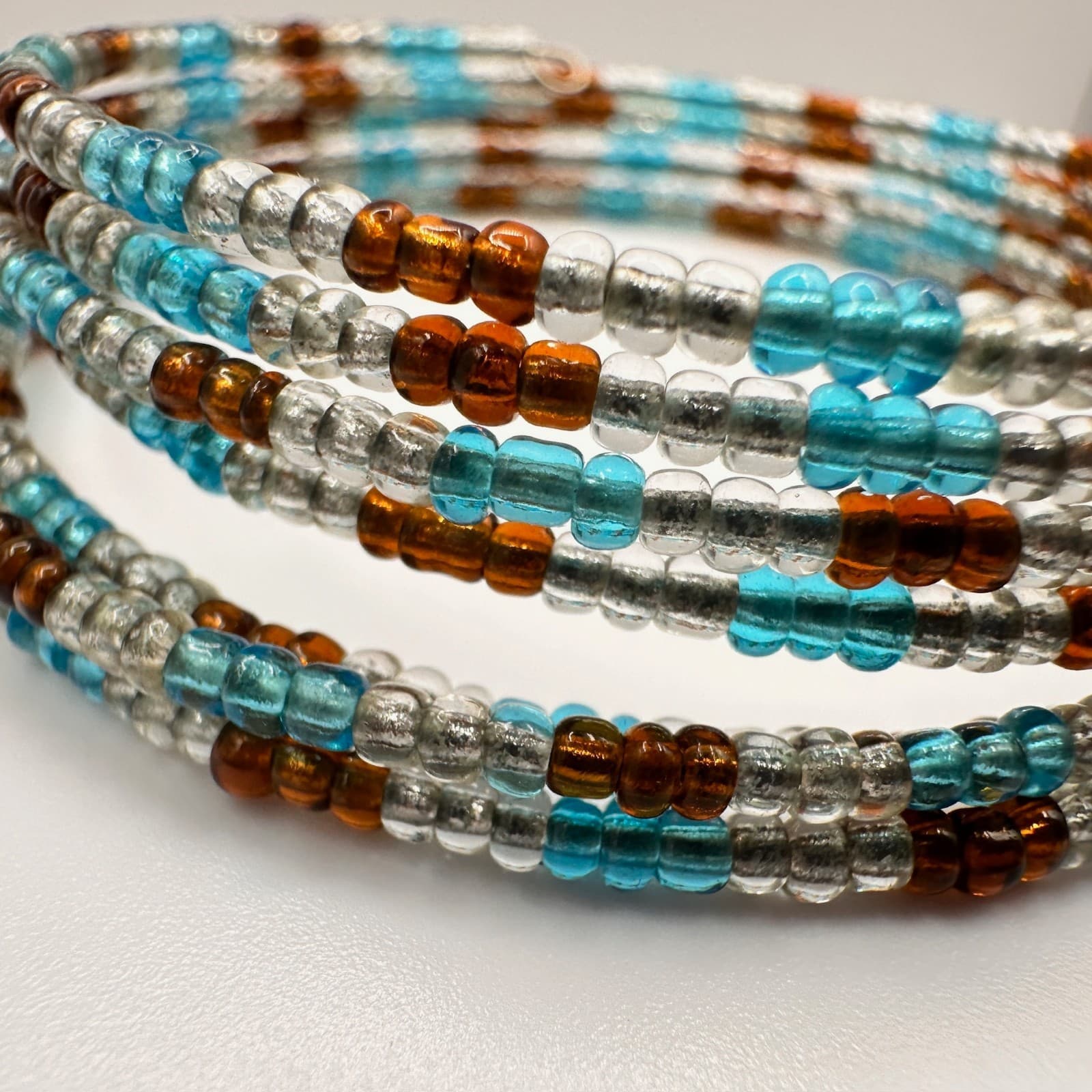 Vintage 90s Multi Strand Glass Bead Bracelet Blue Brown Clear Boho Jewelry - Thumbnail 3