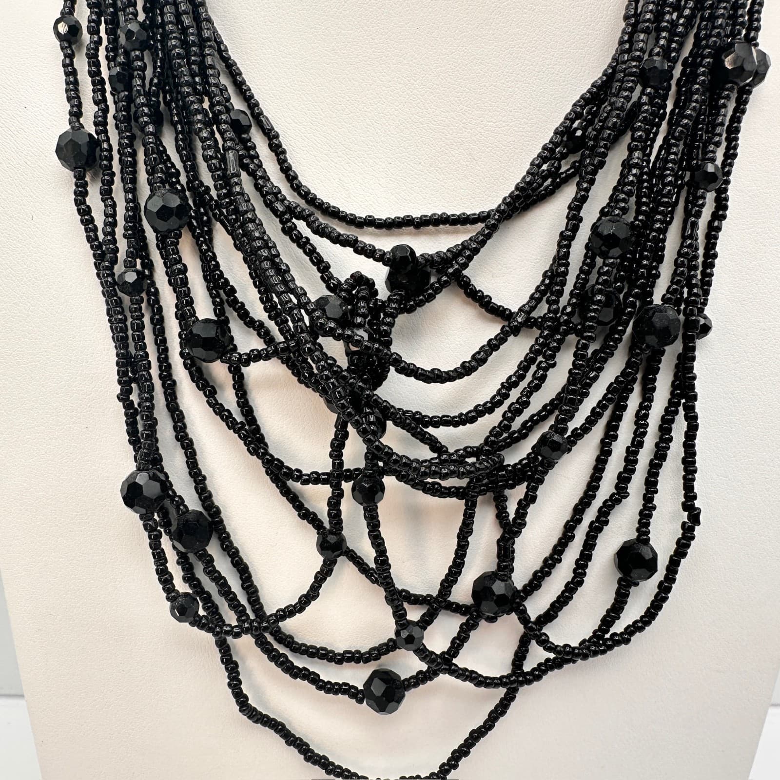 Vintage 90s Layering Black Seed & Faceted Glass Bead Cascade Necklace Jewelry - Thumbnail 2