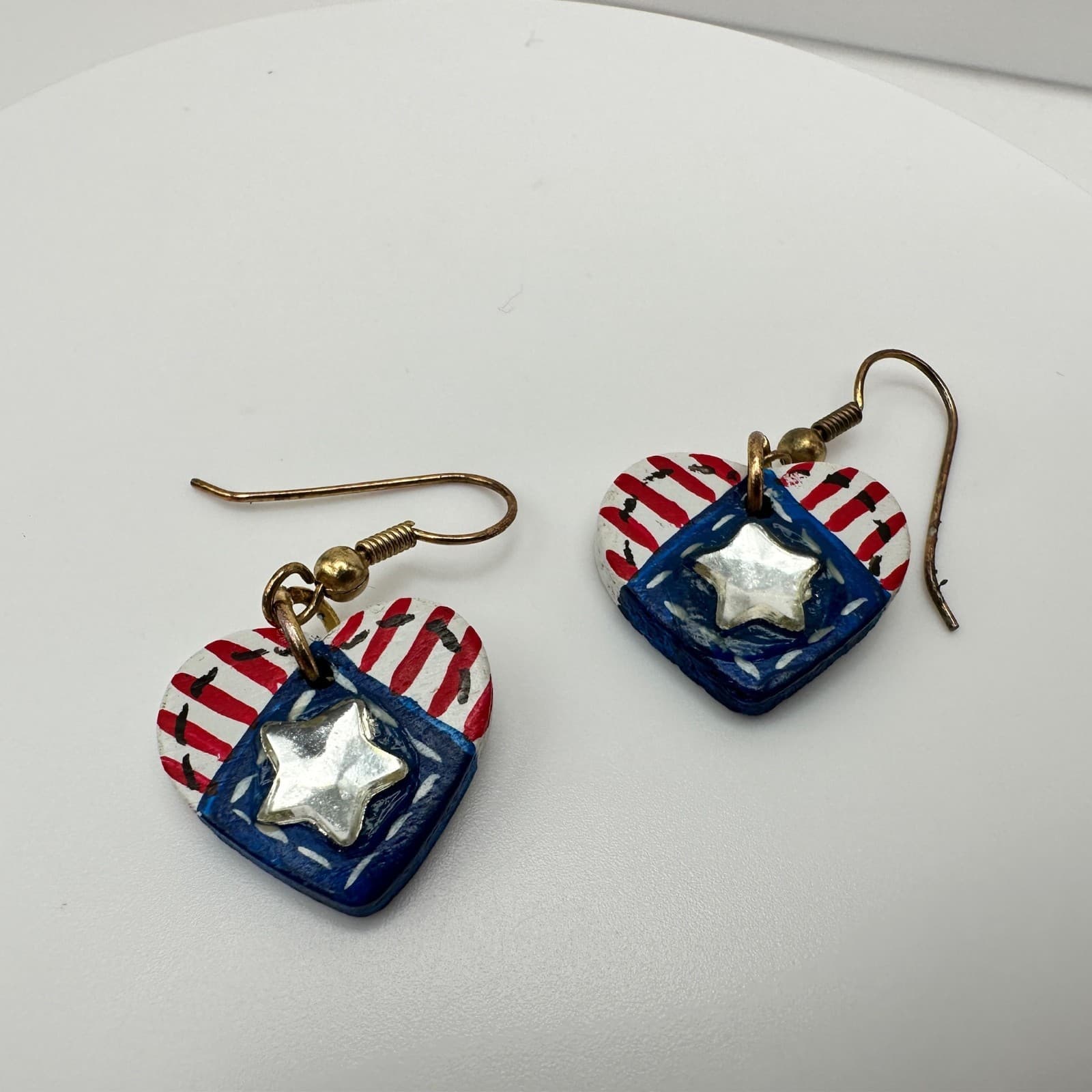 Vintage 90s Handmade Patriotic American Flag Heart Dangle Earrings Jewelry - Thumbnail 8