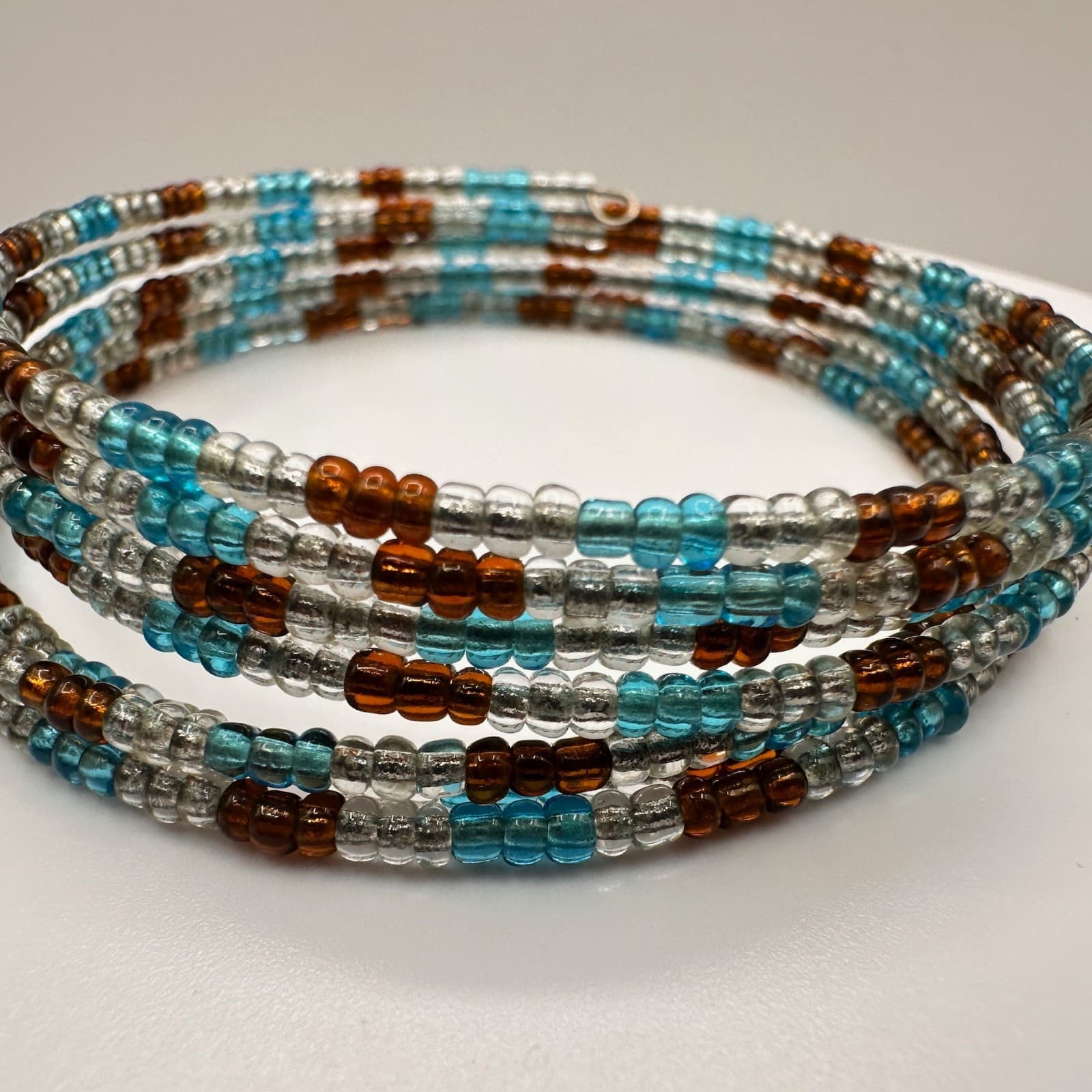 Vintage 90s Multi Strand Glass Bead Bracelet Blue Brown Clear Boho Jewelry - Thumbnail 4