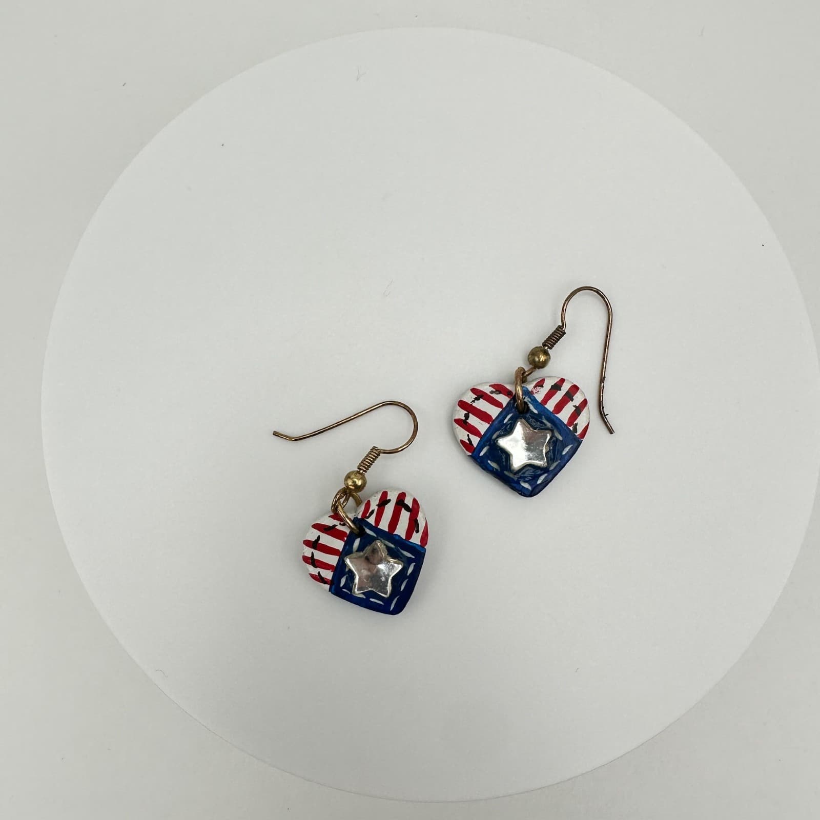 Vintage 90s Handmade Patriotic American Flag Heart Dangle Earrings Jewelry - Thumbnail 5