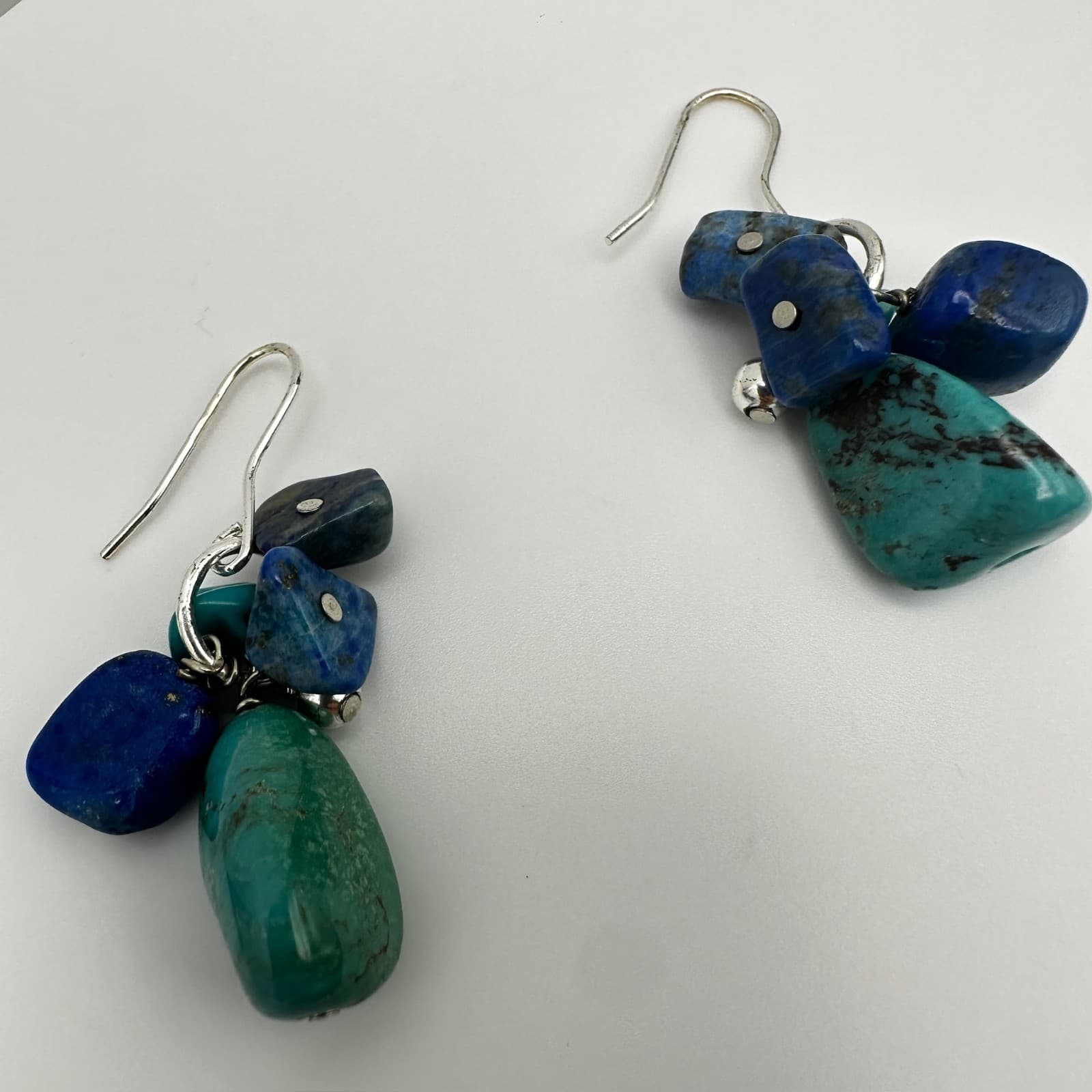 Vintage 90s Turquoise Lapis Lazuli Cluster Earrings Silver Hook Women's Jewelry - Thumbnail 9