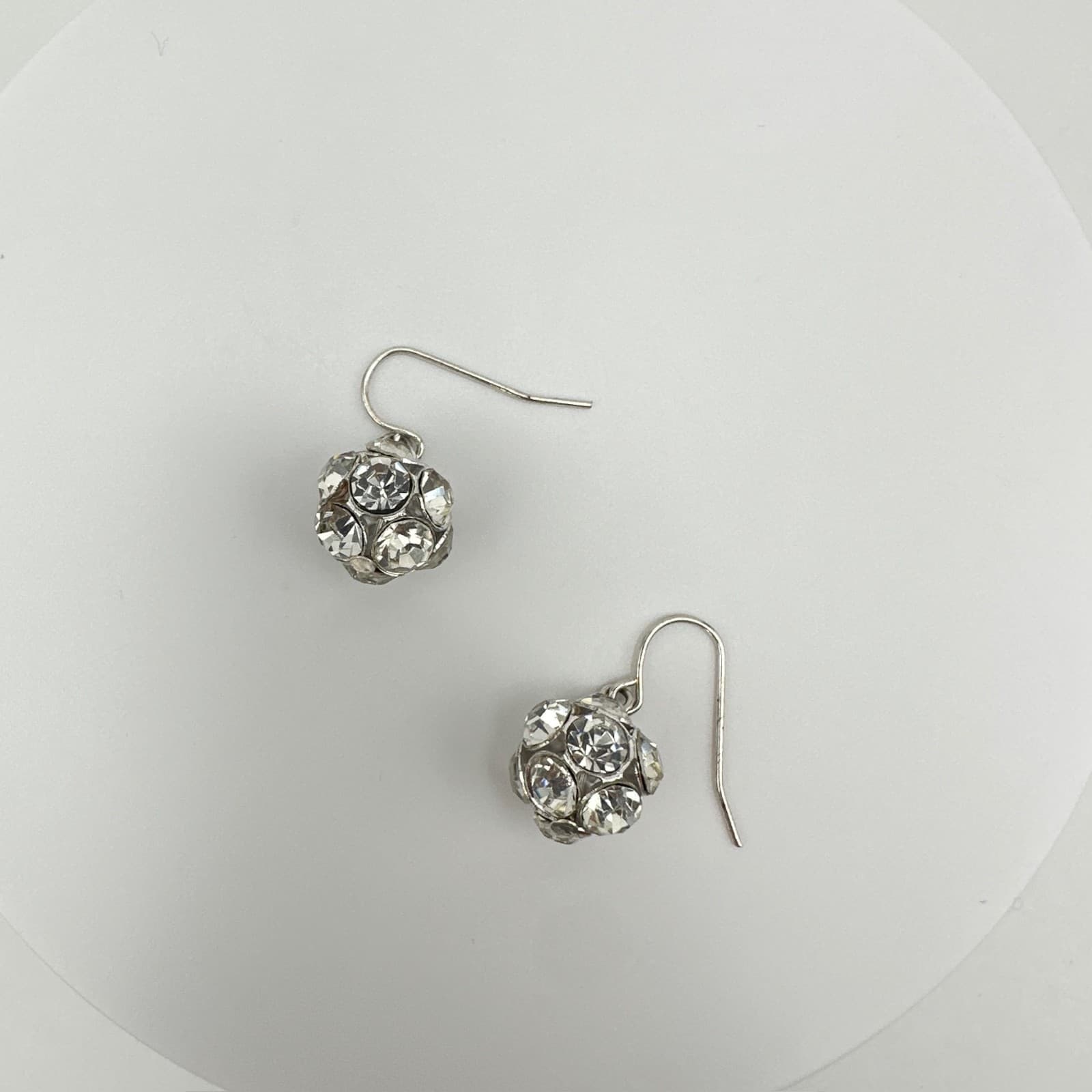 Vintage 90s Crystal Rhinestone Ball Dangle Earrings Silver Tone Hooks Jewelry - Thumbnail 7