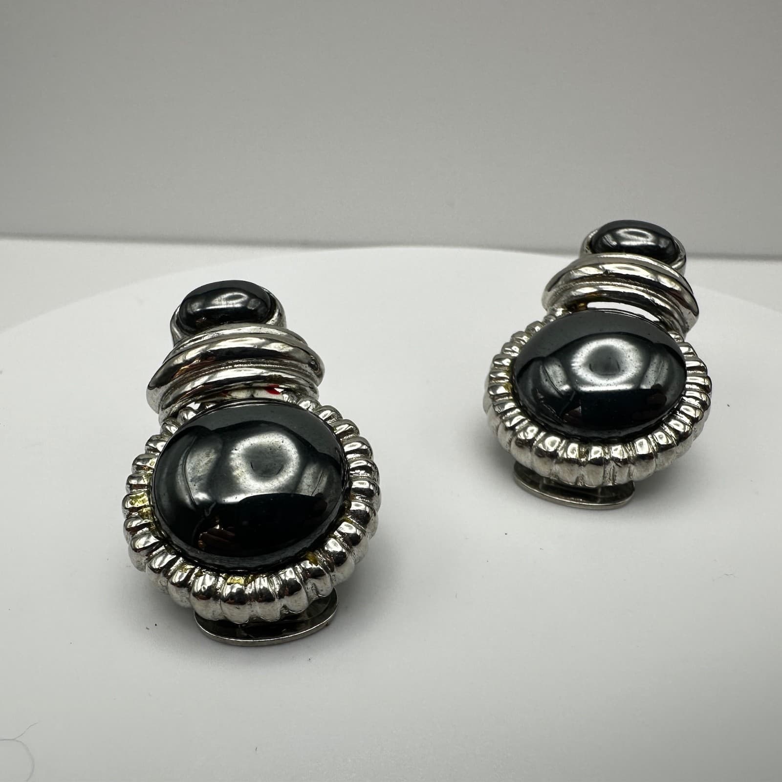 Vintage Graziano 80s Clip On Earrings Black Cabochon Silver Tone Retro Jewelry - Thumbnail 8