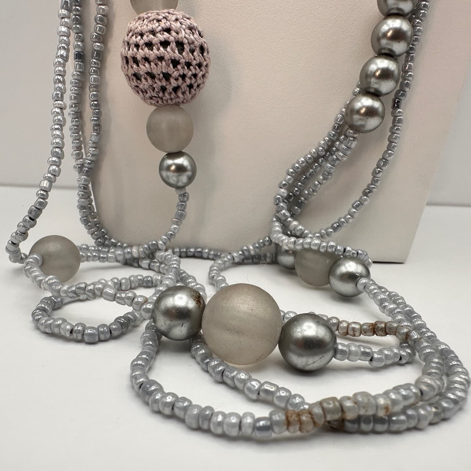 Vintage 80s Multi-Strand Long Beaded Statement Necklace Pink Accents Jewelry - Thumbnail 6