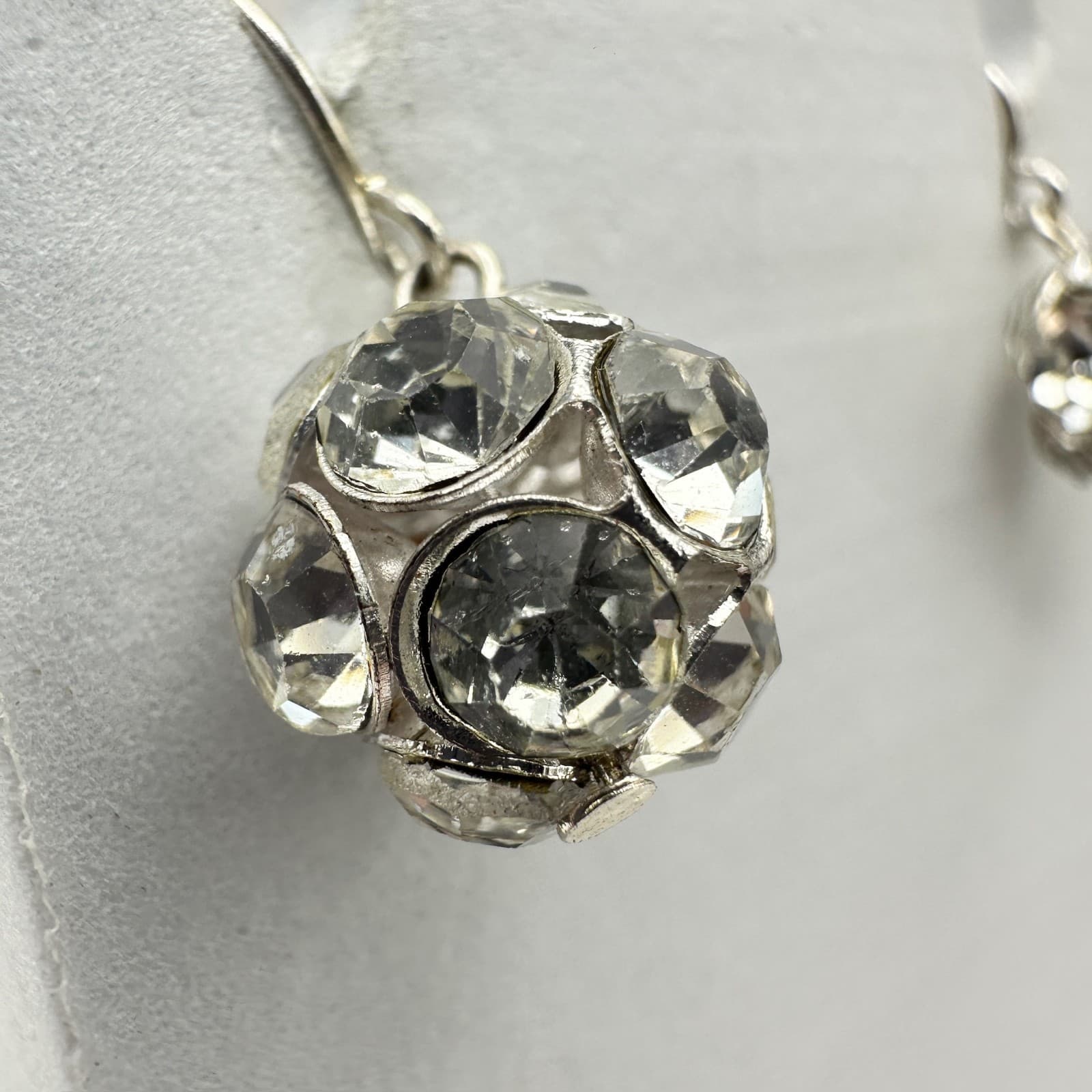 Vintage 90s Crystal Rhinestone Ball Dangle Earrings Silver Tone Hooks Jewelry - Thumbnail 3