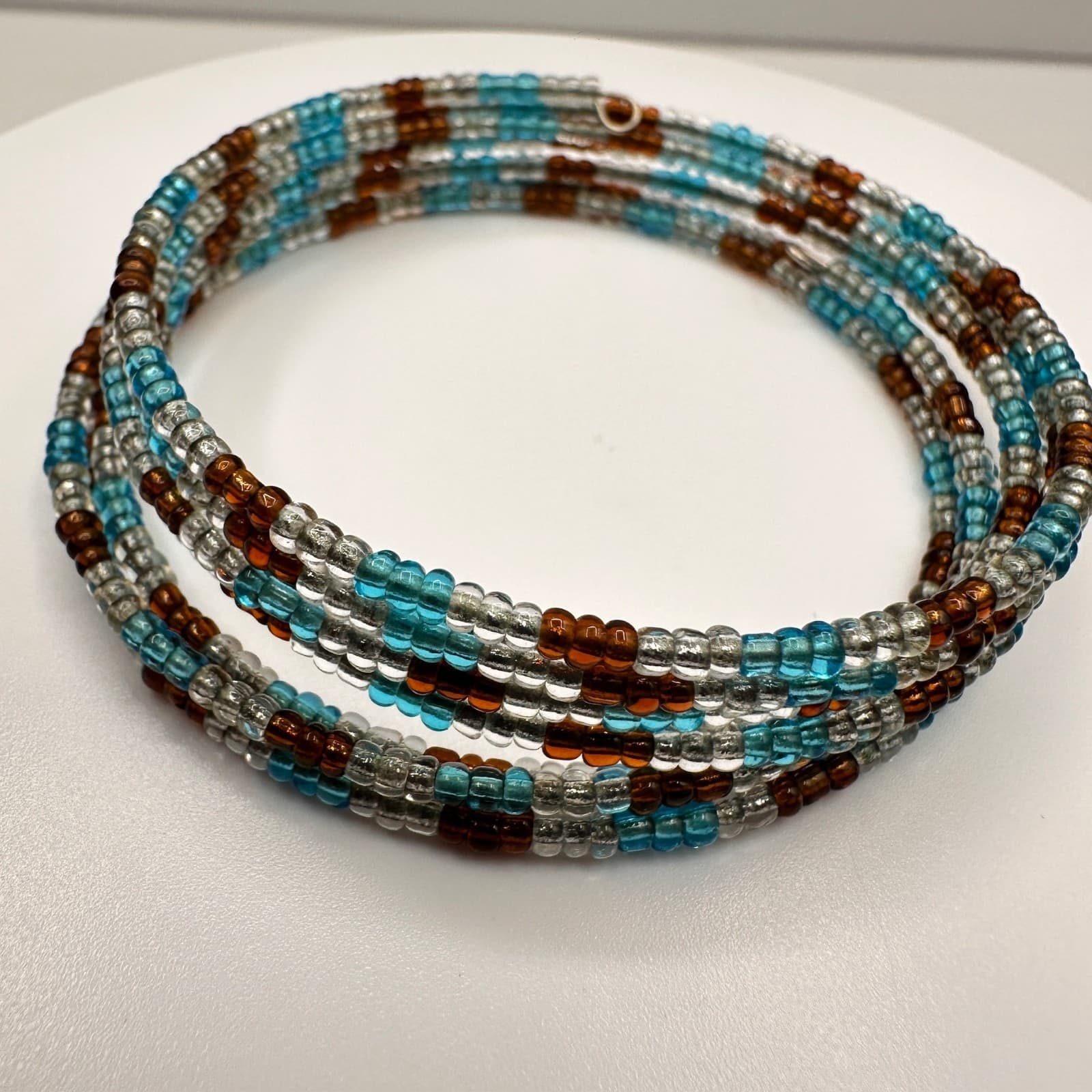 Vintage 90s Multi Strand Glass Bead Bracelet Blue Brown Clear Boho Jewelry - Thumbnail 8