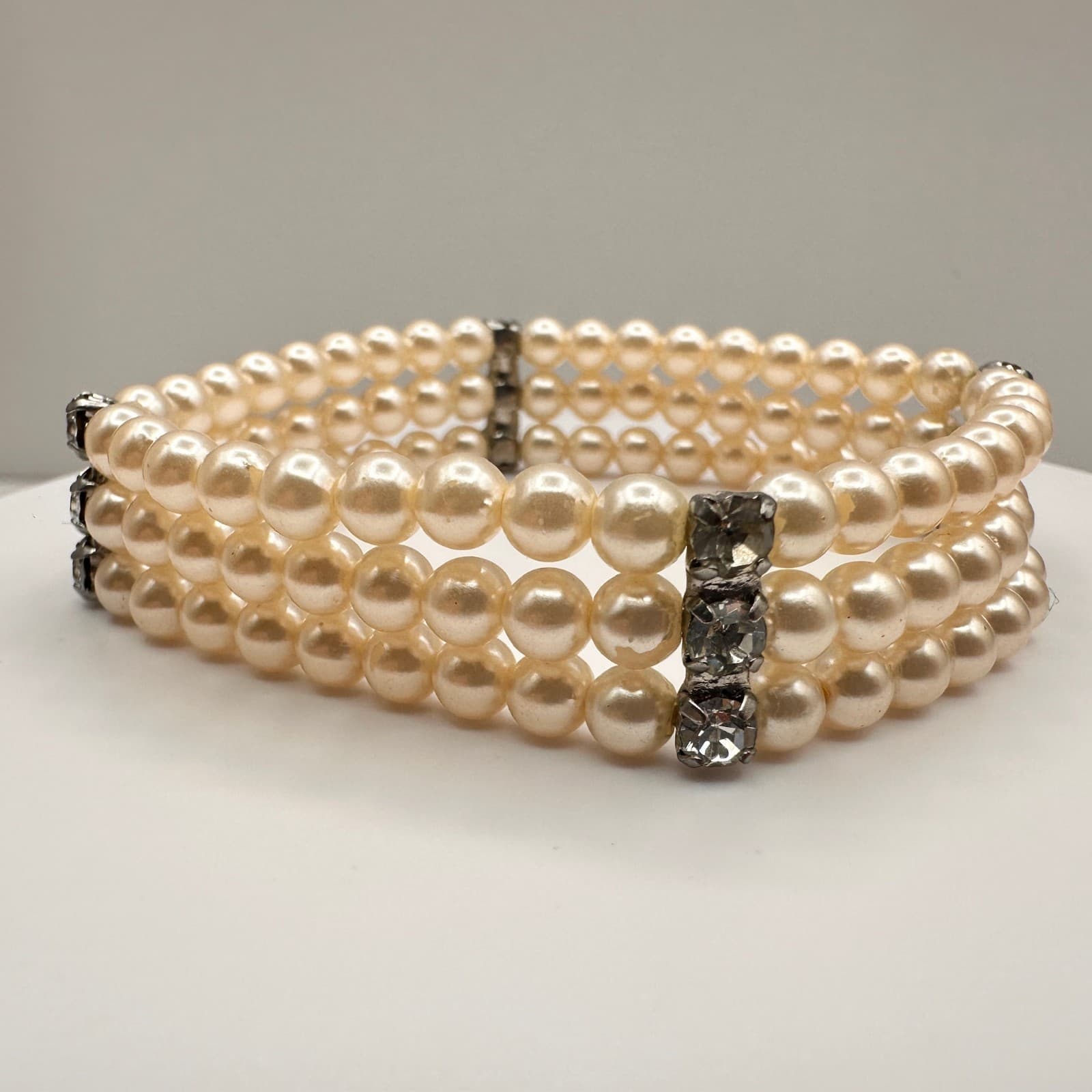 Vintage Y2K Pearl Beaded Bracelet Rhinestone Accent Triple Strand Jewelry - Thumbnail 3