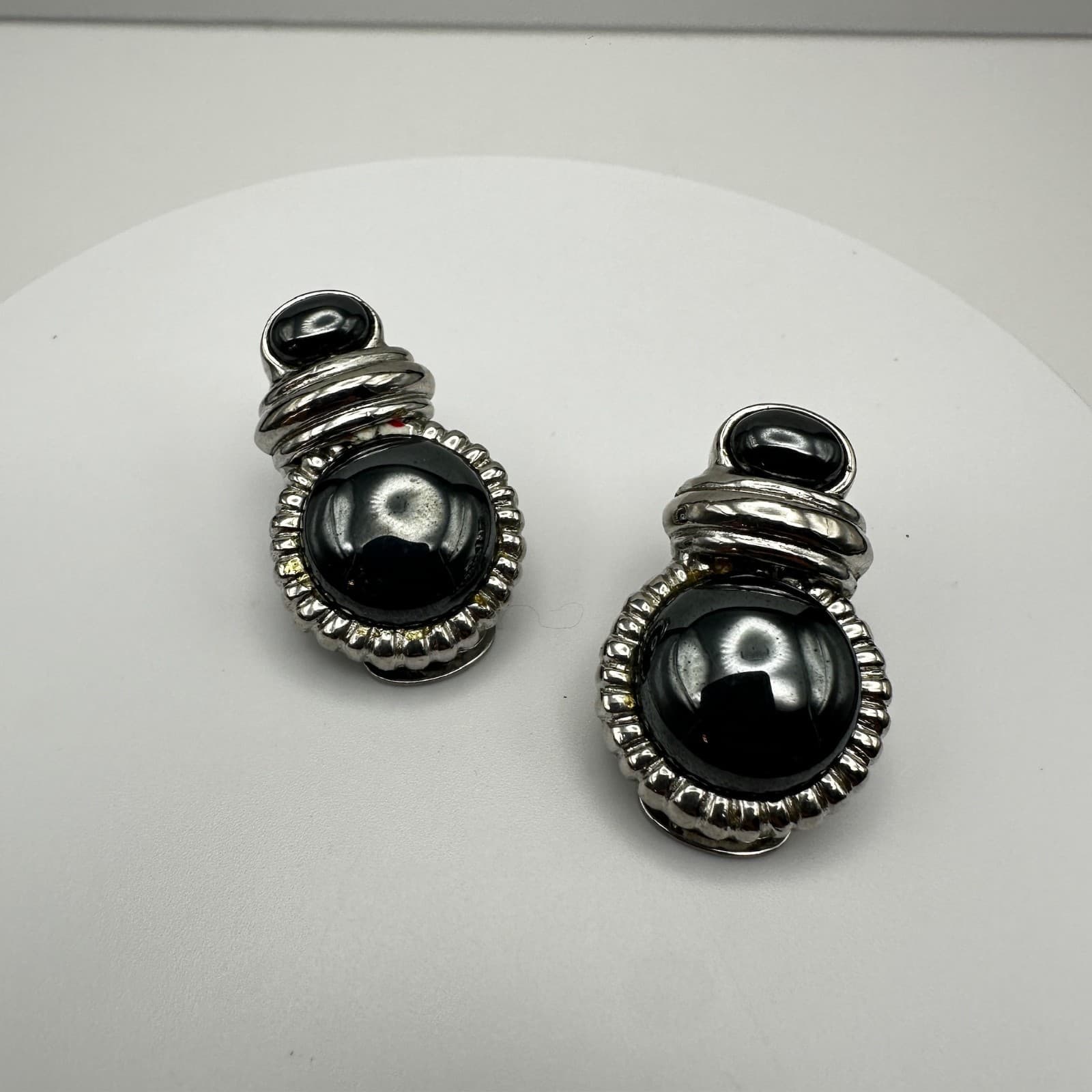 Vintage Graziano 80s Clip On Earrings Black Cabochon Silver Tone Retro Jewelry - Image 1