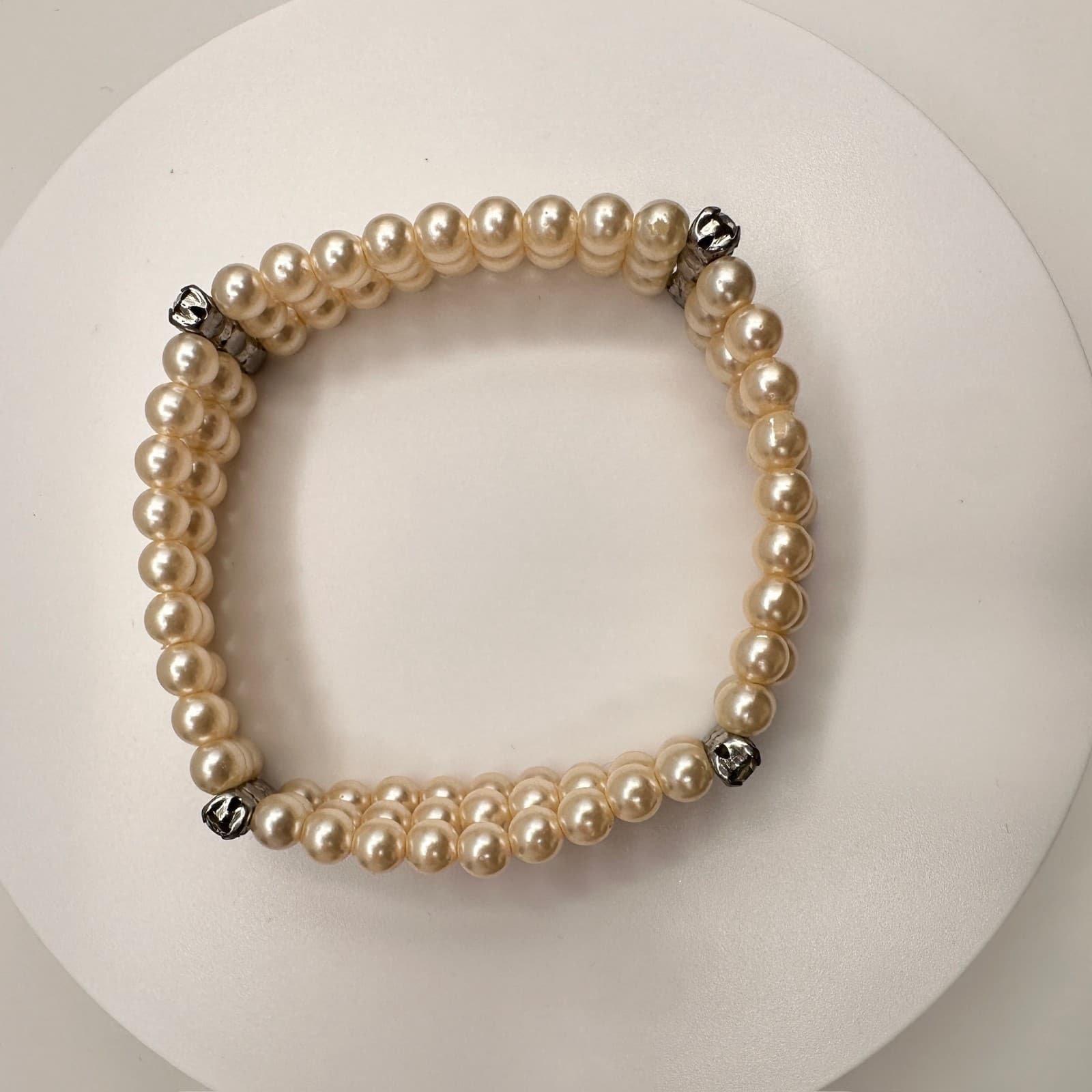 Vintage Y2K Pearl Beaded Bracelet Rhinestone Accent Triple Strand Jewelry - Thumbnail 2