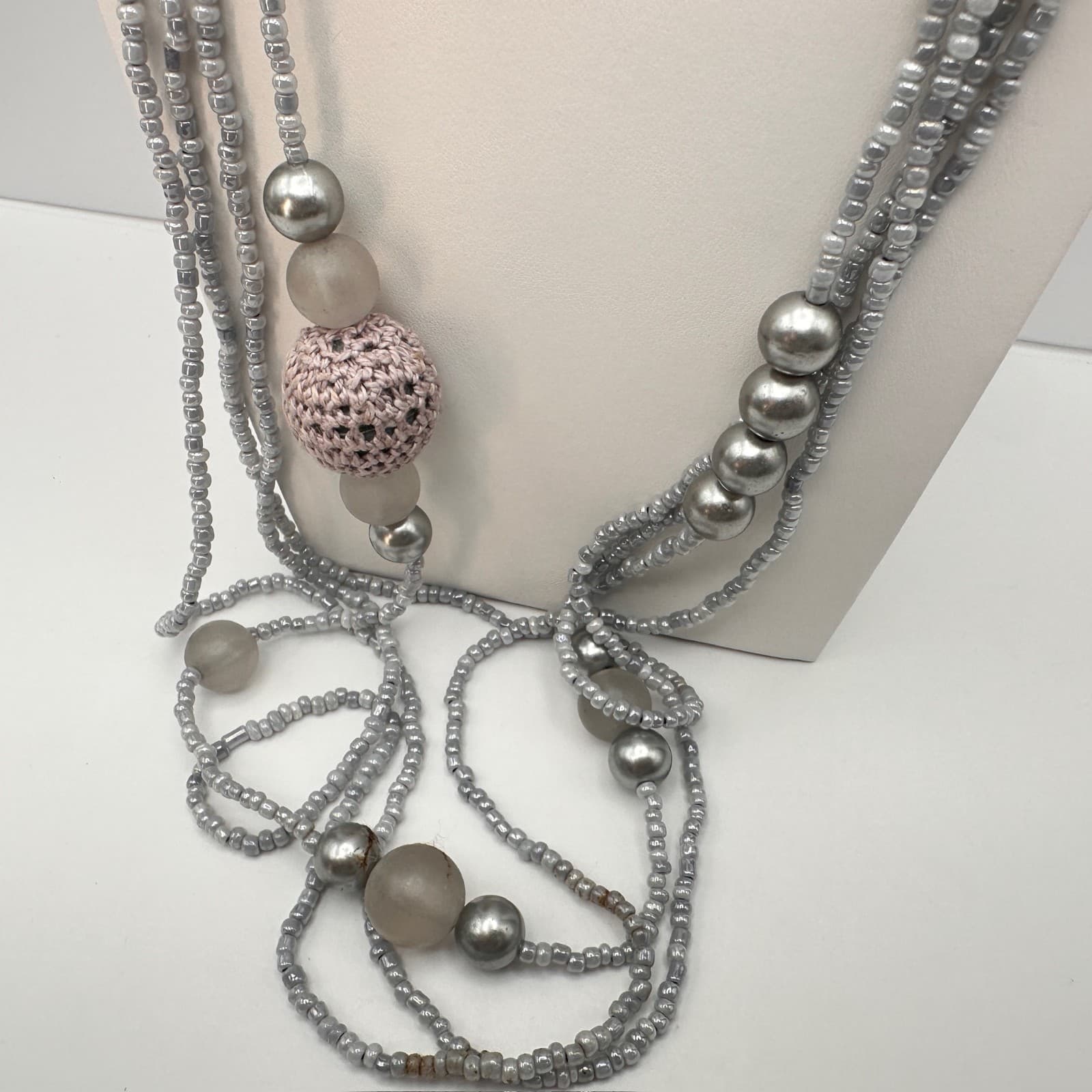 Vintage 80s Multi-Strand Long Beaded Statement Necklace Pink Accents Jewelry - Thumbnail 9