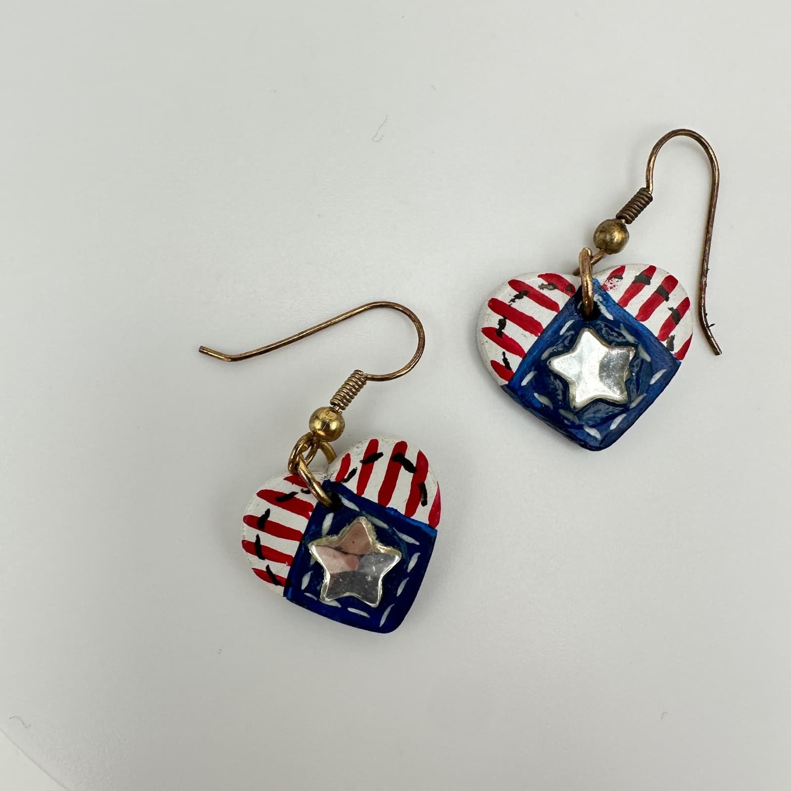 Vintage 90s Handmade Patriotic American Flag Heart Dangle Earrings Jewelry - Thumbnail 11