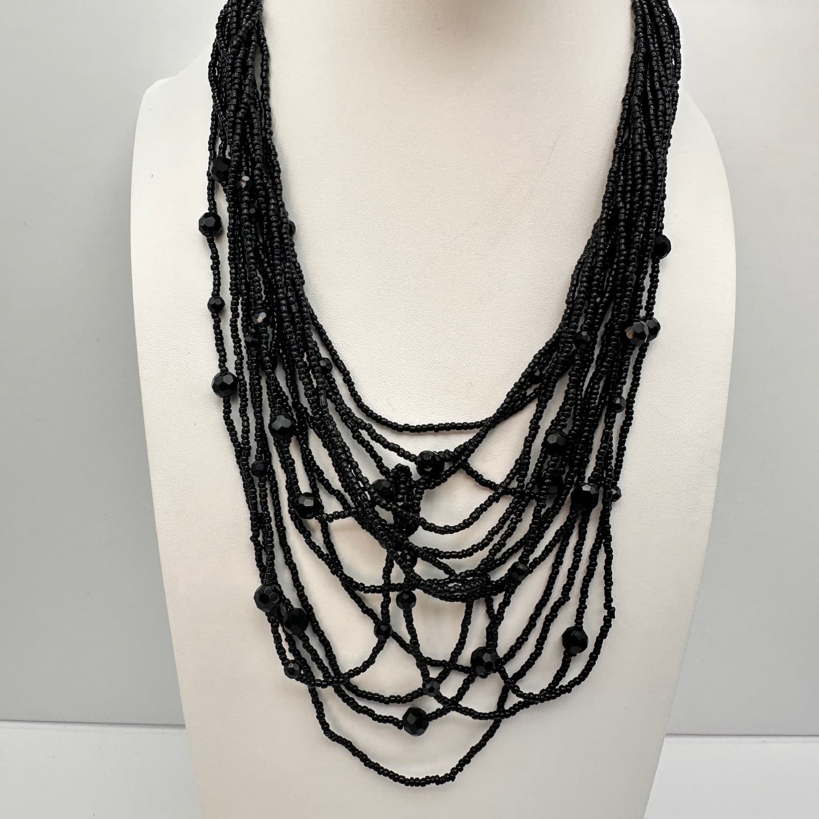 Vintage 90s Layering Black Seed & Faceted Glass Bead Cascade Necklace Jewelry - Image 1