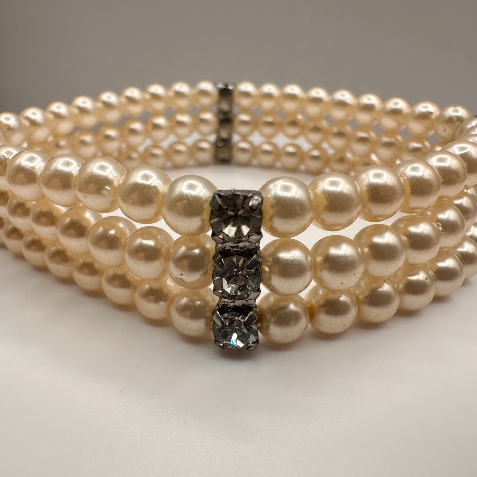 Vintage Y2K Pearl Beaded Bracelet Rhinestone Accent Triple Strand Jewelry - Thumbnail 5