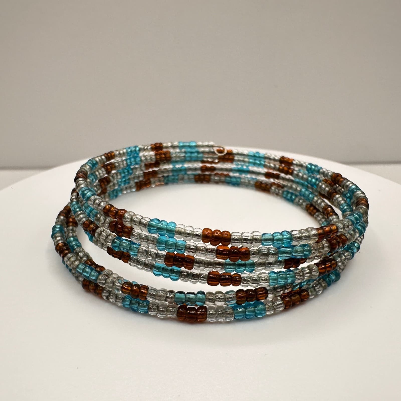 Vintage 90s Multi Strand Glass Bead Bracelet Blue Brown Clear Boho Jewelry - Image 1