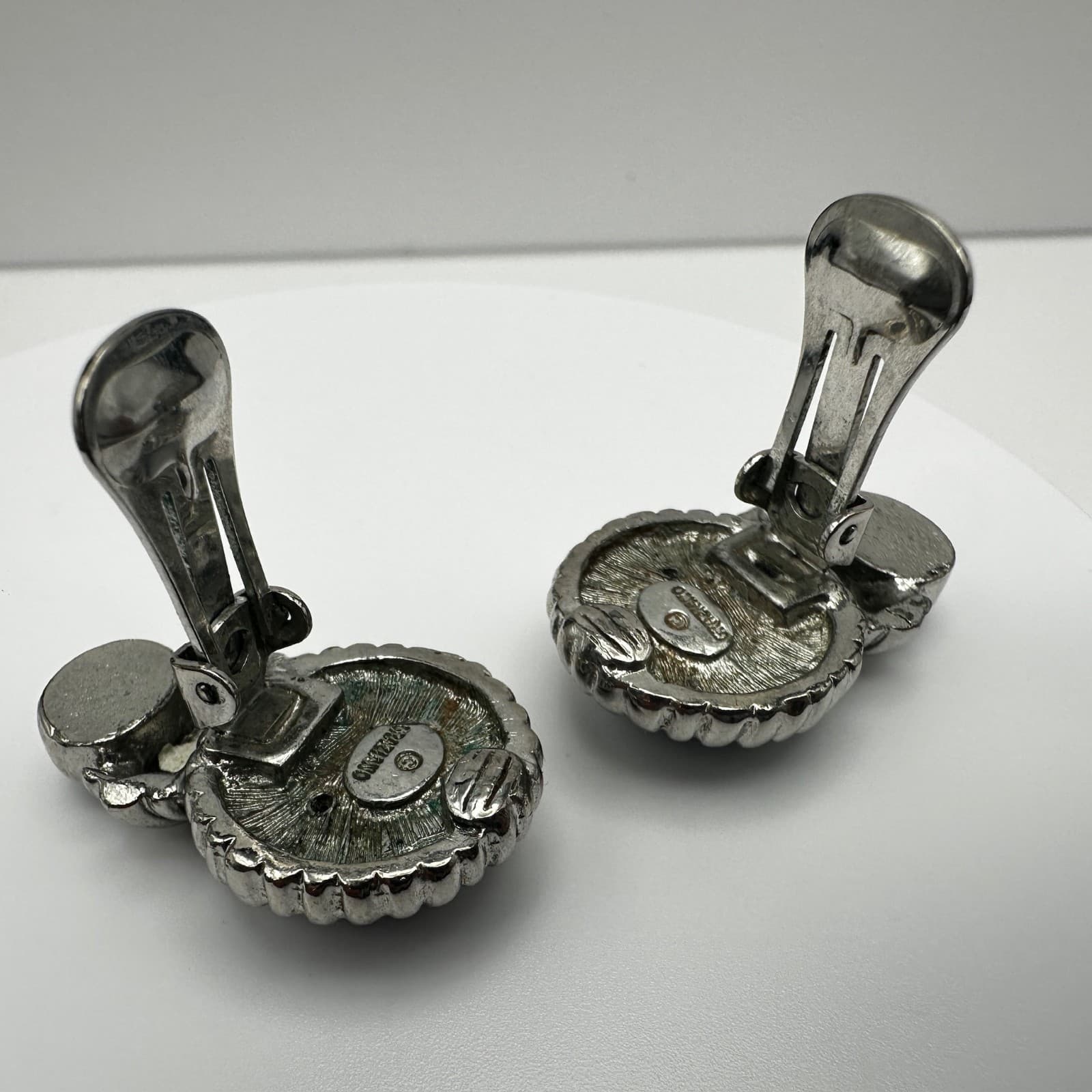 Vintage Graziano 80s Clip On Earrings Black Cabochon Silver Tone Retro Jewelry - Thumbnail 6