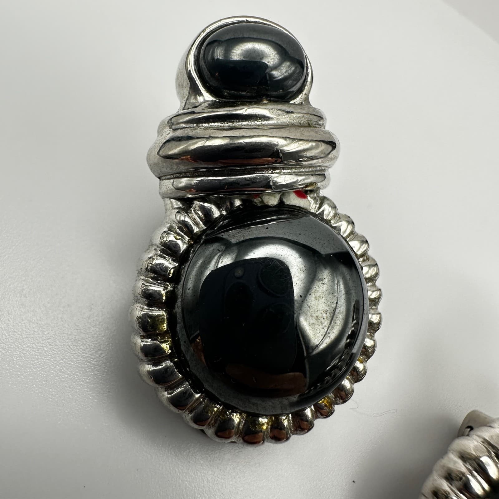 Vintage Graziano 80s Clip On Earrings Black Cabochon Silver Tone Retro Jewelry - Thumbnail 3