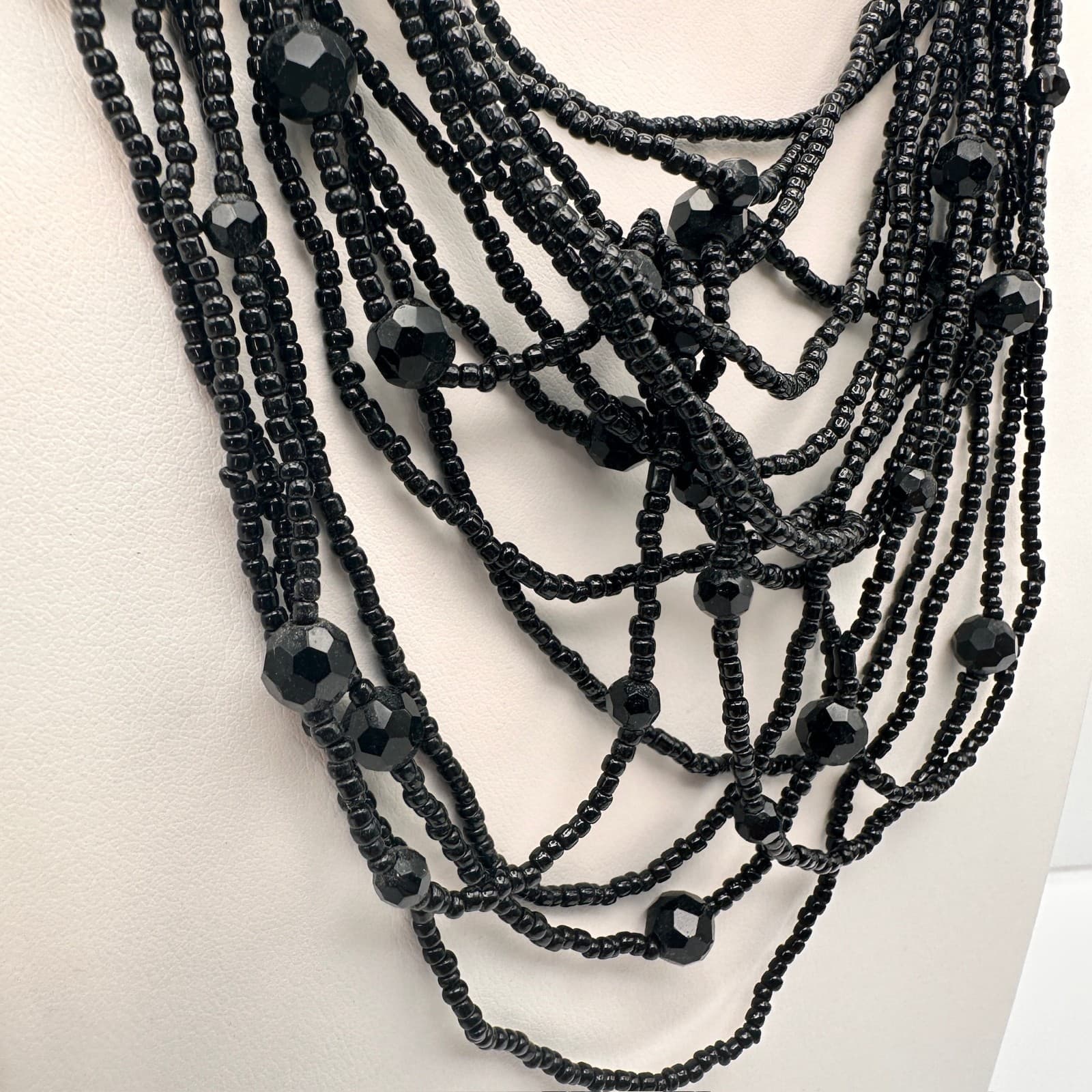 Vintage 90s Layering Black Seed & Faceted Glass Bead Cascade Necklace Jewelry - Thumbnail 3