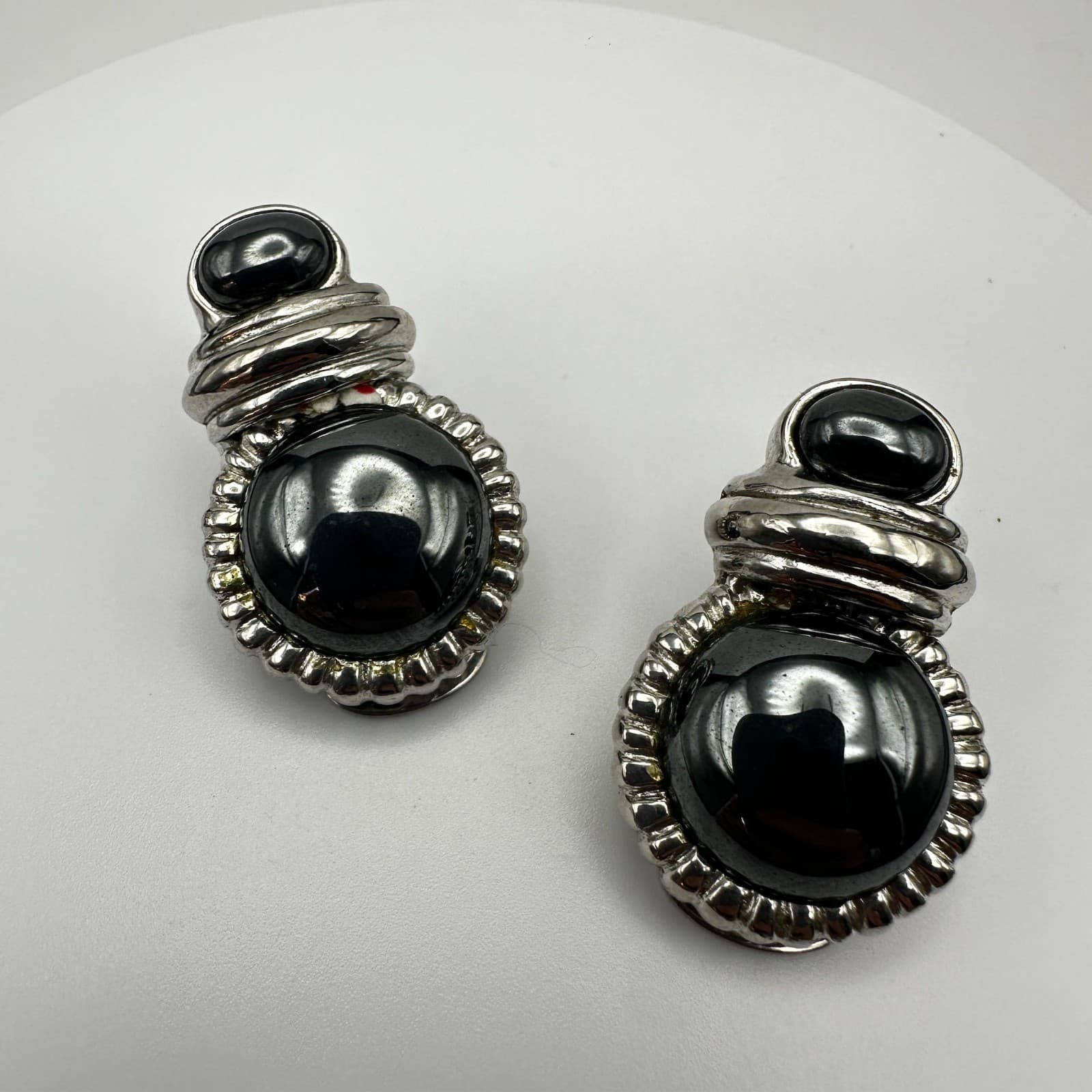 Vintage Graziano 80s Clip On Earrings Black Cabochon Silver Tone Retro Jewelry - Thumbnail 2
