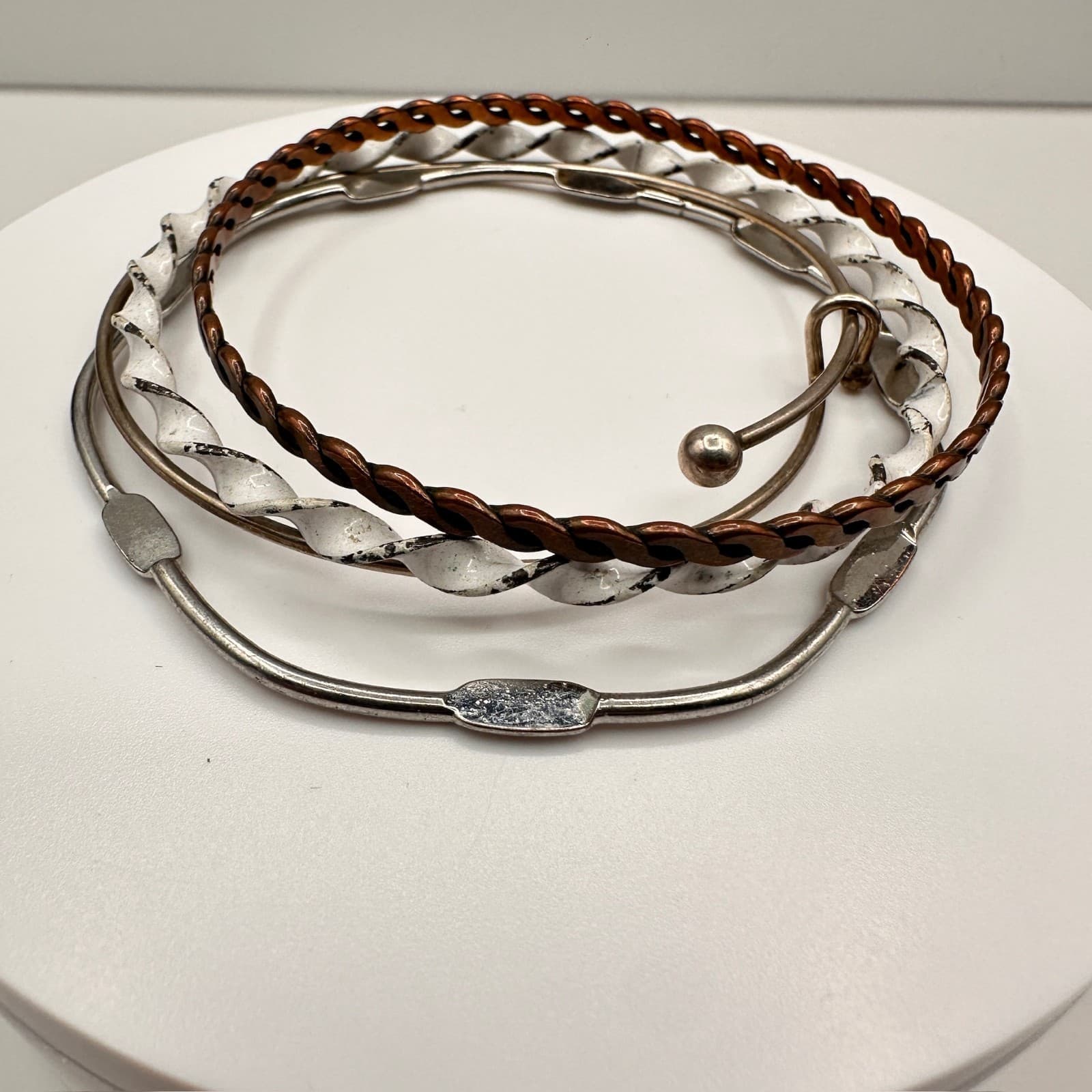 Vintage 90s Twisted Wire Bangle Bracelet Silver Tone Copper Tone Adjustable - Image 1