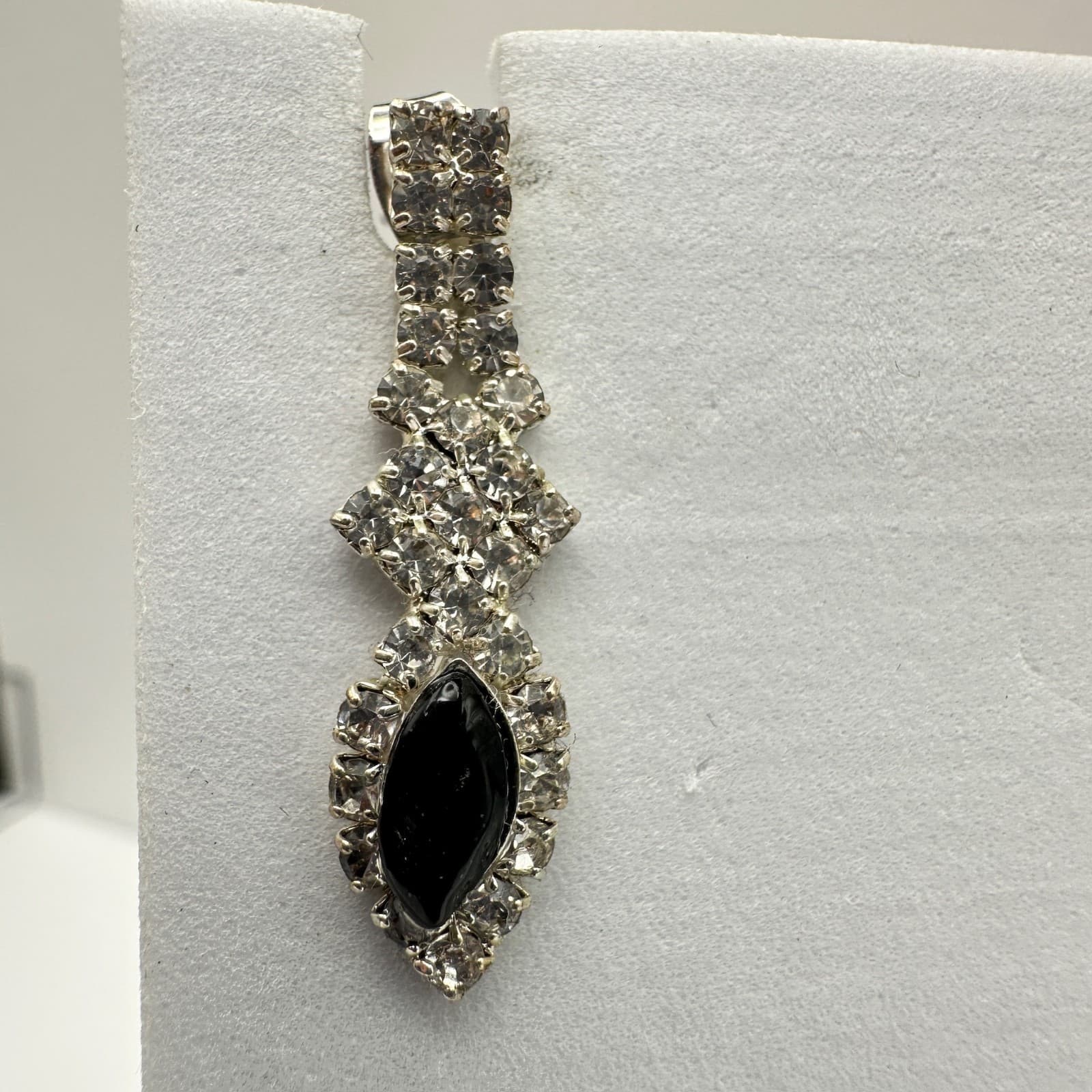 Vintage 80s Silver Tone Jewelry Black Marquise Crystal Rhinestone Drop Earrings - Thumbnail 4