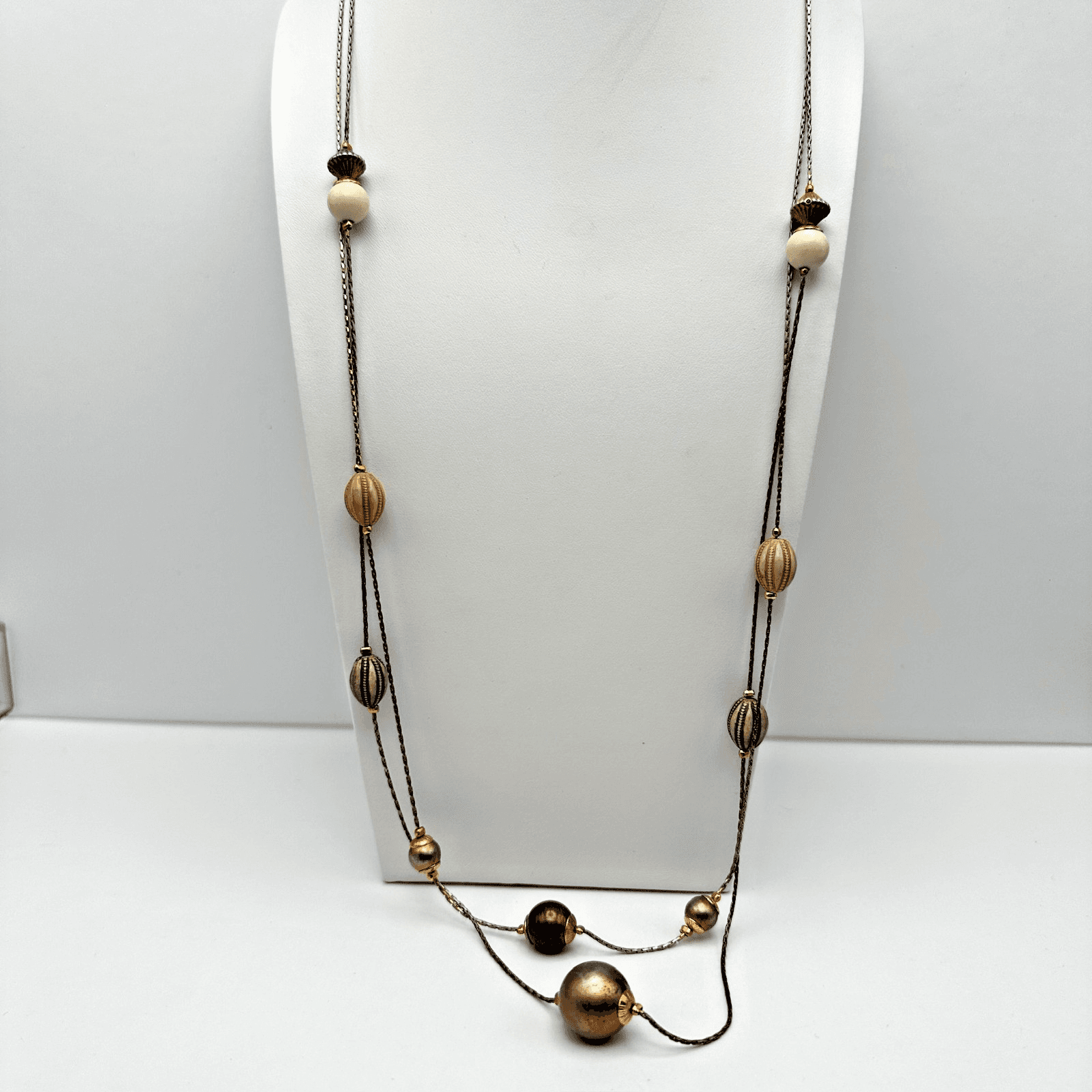 Vintage 80s Multi Strand Necklace Earth Tone Beads Gold Tone Women's Jewelry - Image 1