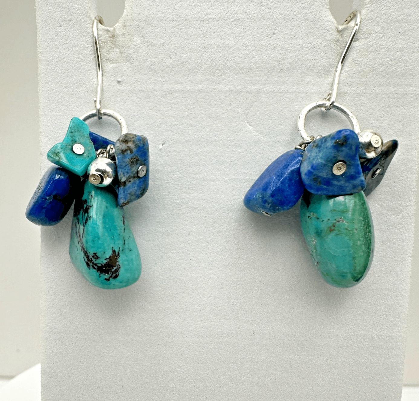 Vintage 90s Turquoise Lapis Lazuli Cluster Earrings Silver Hook Women's Jewelry - Image 1