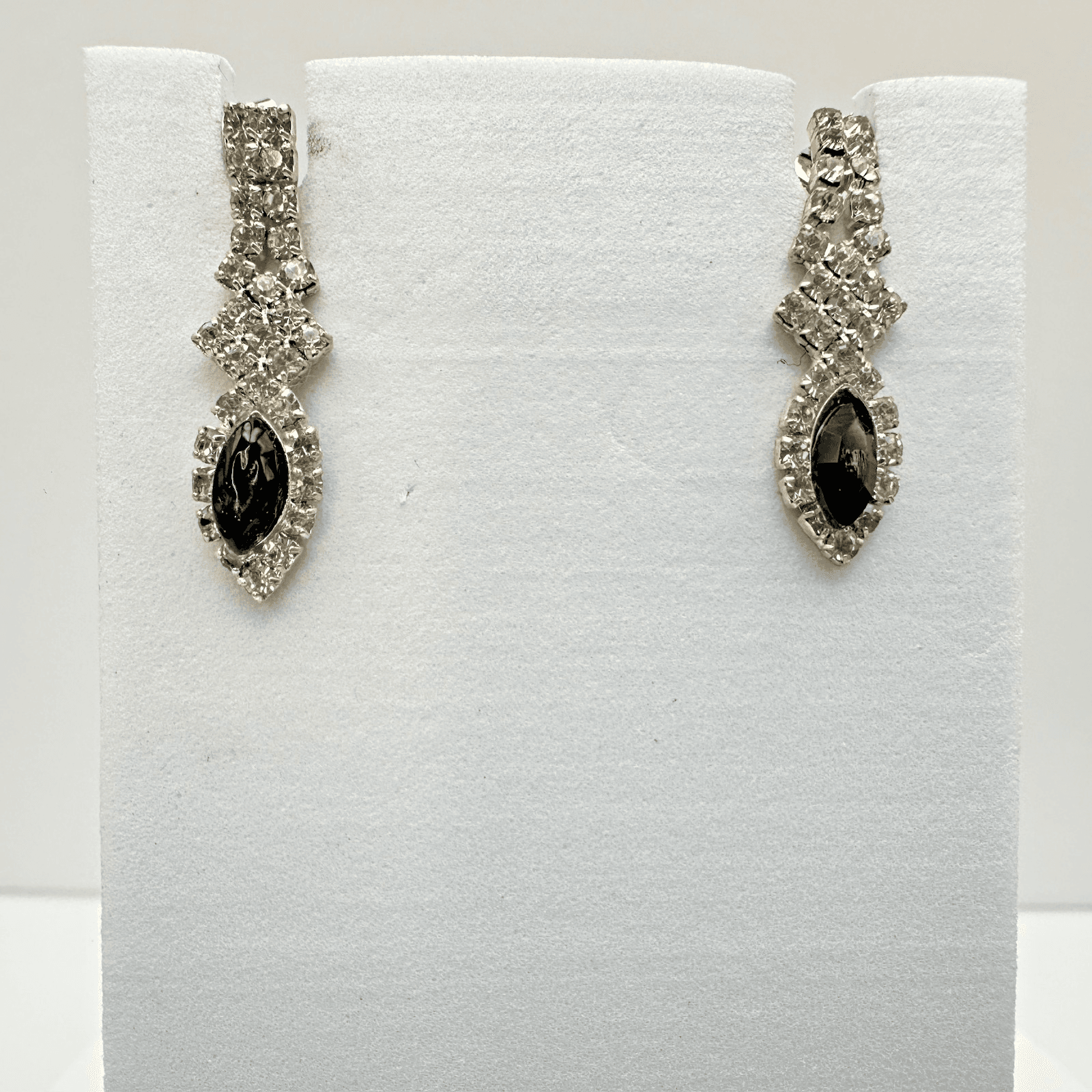 Vintage 80s Silver Tone Jewelry Black Marquise Crystal Rhinestone Drop Earrings - Image 1