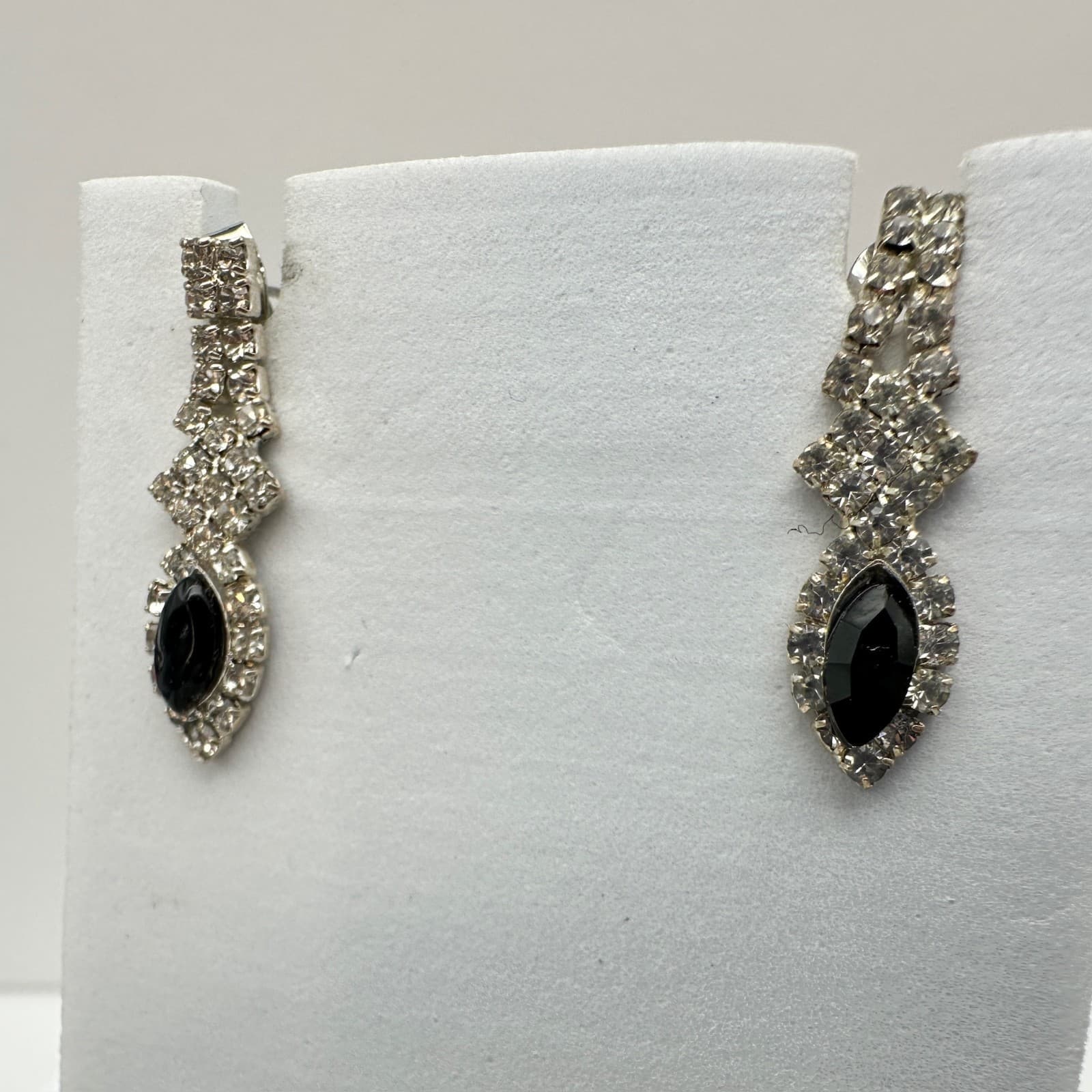 Vintage 80s Silver Tone Jewelry Black Marquise Crystal Rhinestone Drop Earrings - Thumbnail 5