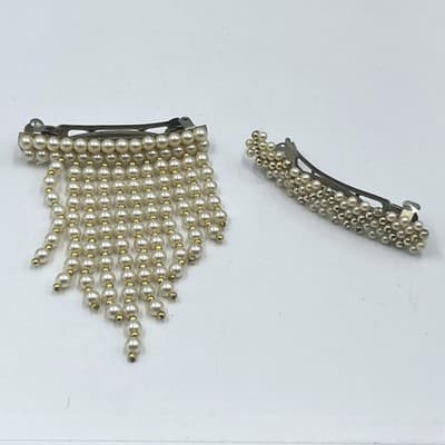 Vintage 2pc Faux Pearl Hair Barrette Set Waterfall Fringe Drape Beaded Wedding - Image 1