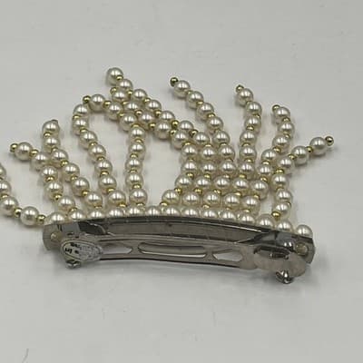 Vintage 2pc Faux Pearl Hair Barrette Set Waterfall Fringe Drape Beaded Wedding - Thumbnail 5