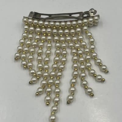 Vintage 2pc Faux Pearl Hair Barrette Set Waterfall Fringe Drape Beaded Wedding - Thumbnail 2