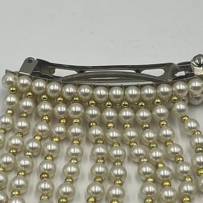 Vintage 2pc Faux Pearl Hair Barrette Set Waterfall Fringe Drape Beaded Wedding - Thumbnail 3