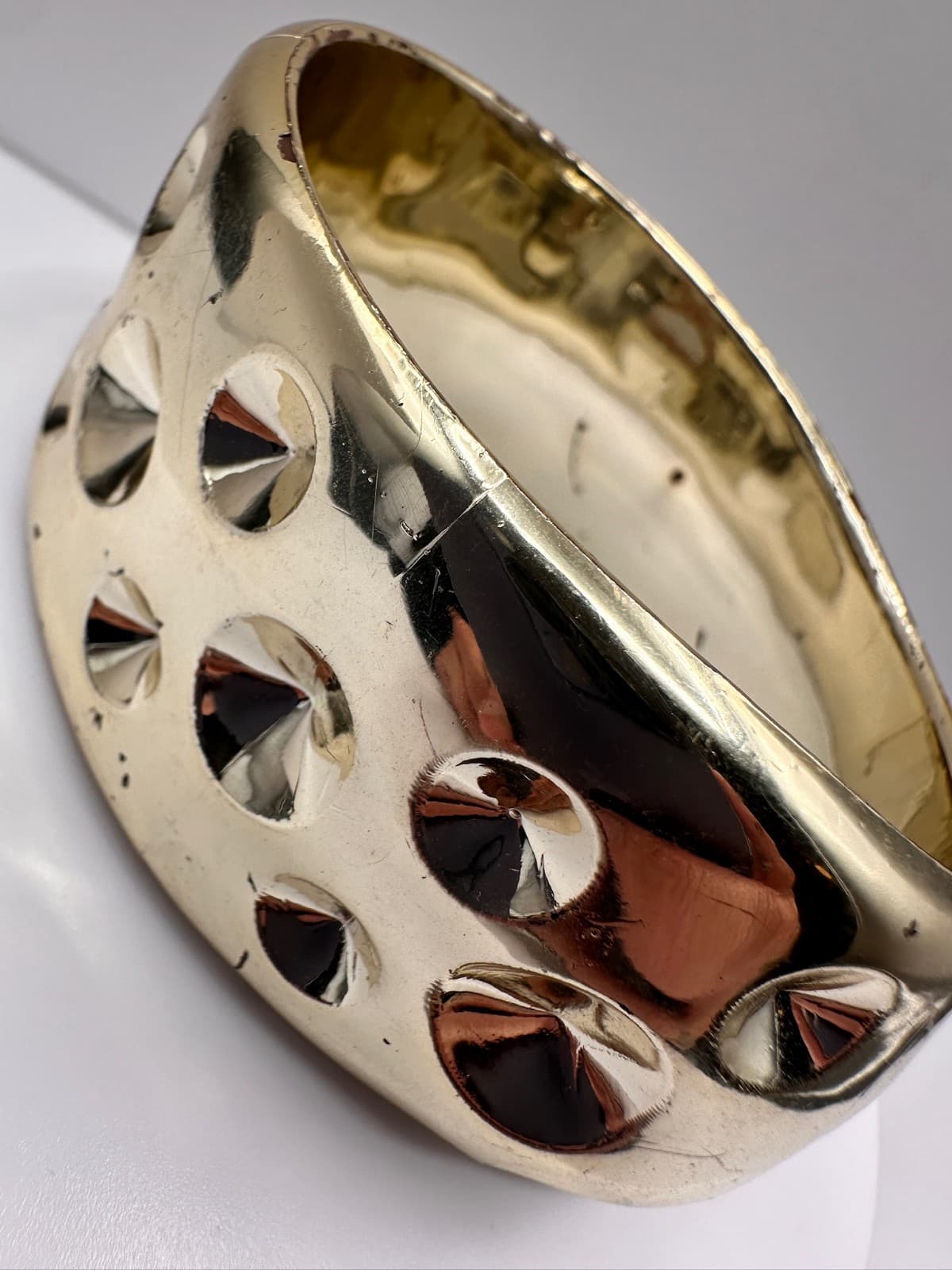 Vintage 90s Gold Tone Wide Cuff Bracelet Studded Dome Design Fashion Jewelry - Thumbnail 9