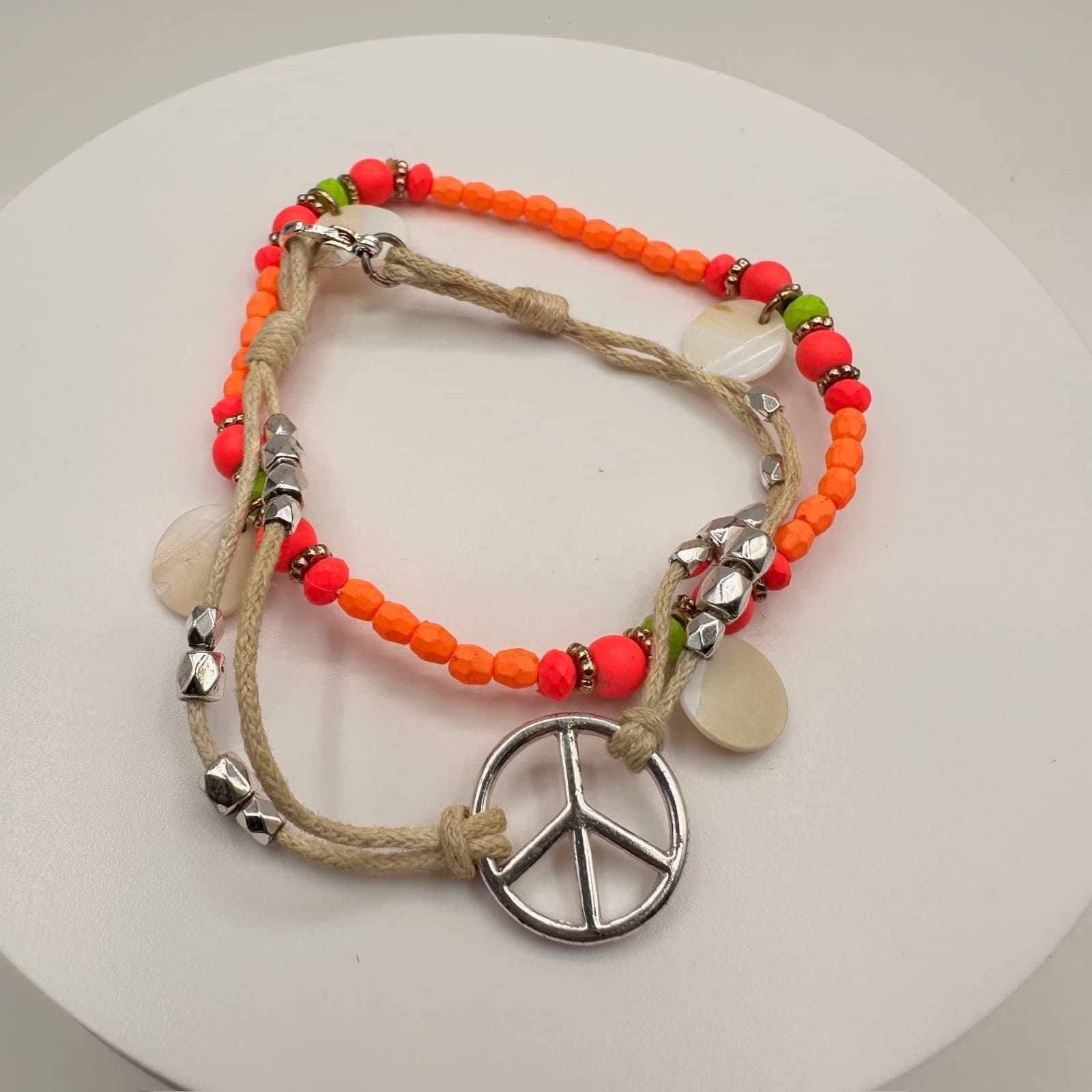 Vintage 90s Peace Sign Beaded Cord Bracelet Orange Pink Boho Jewelry - Image 1