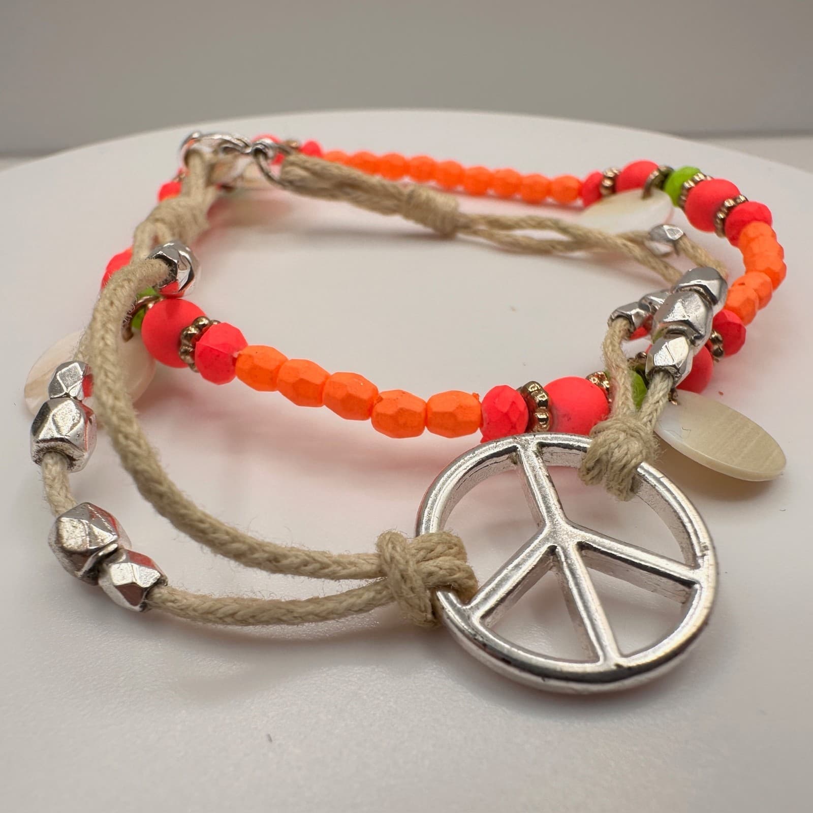 Vintage 90s Peace Sign Beaded Cord Bracelet Orange Pink Boho Jewelry - Thumbnail 3