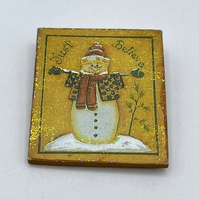 VTG Eileen Ackerson 2010 Snowman Wood Pin Brooch Just Believe Glitter Folk Art - Image 1